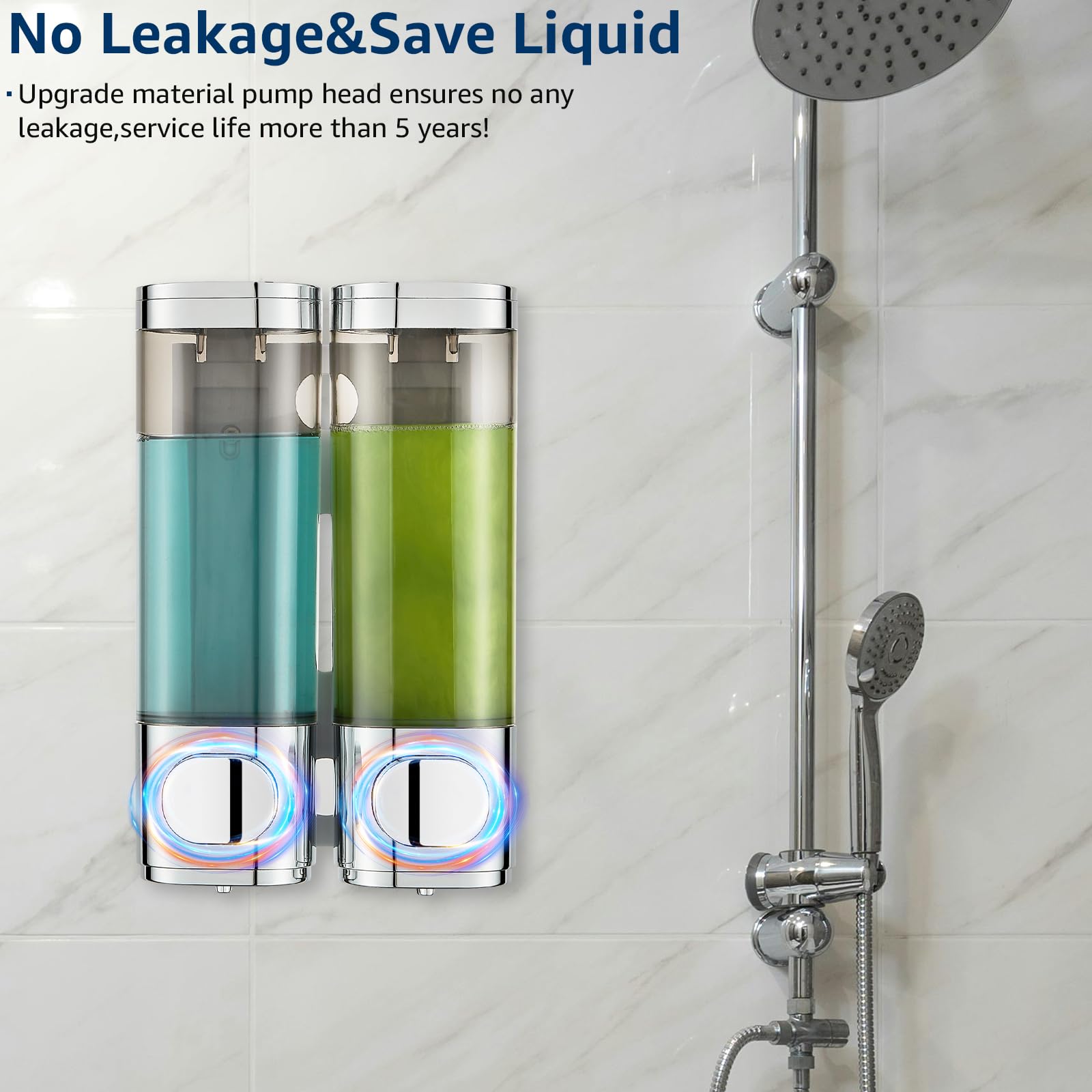 Wall Mounted Shower Shampoo Dispenser - 2 Chamber No Drill Bathroom Organizer for Shampoo, Conditioner & Body Wash - Large Capacity Chrome Finish - Perfect for Spa, Gym & Home Bathroom Storage