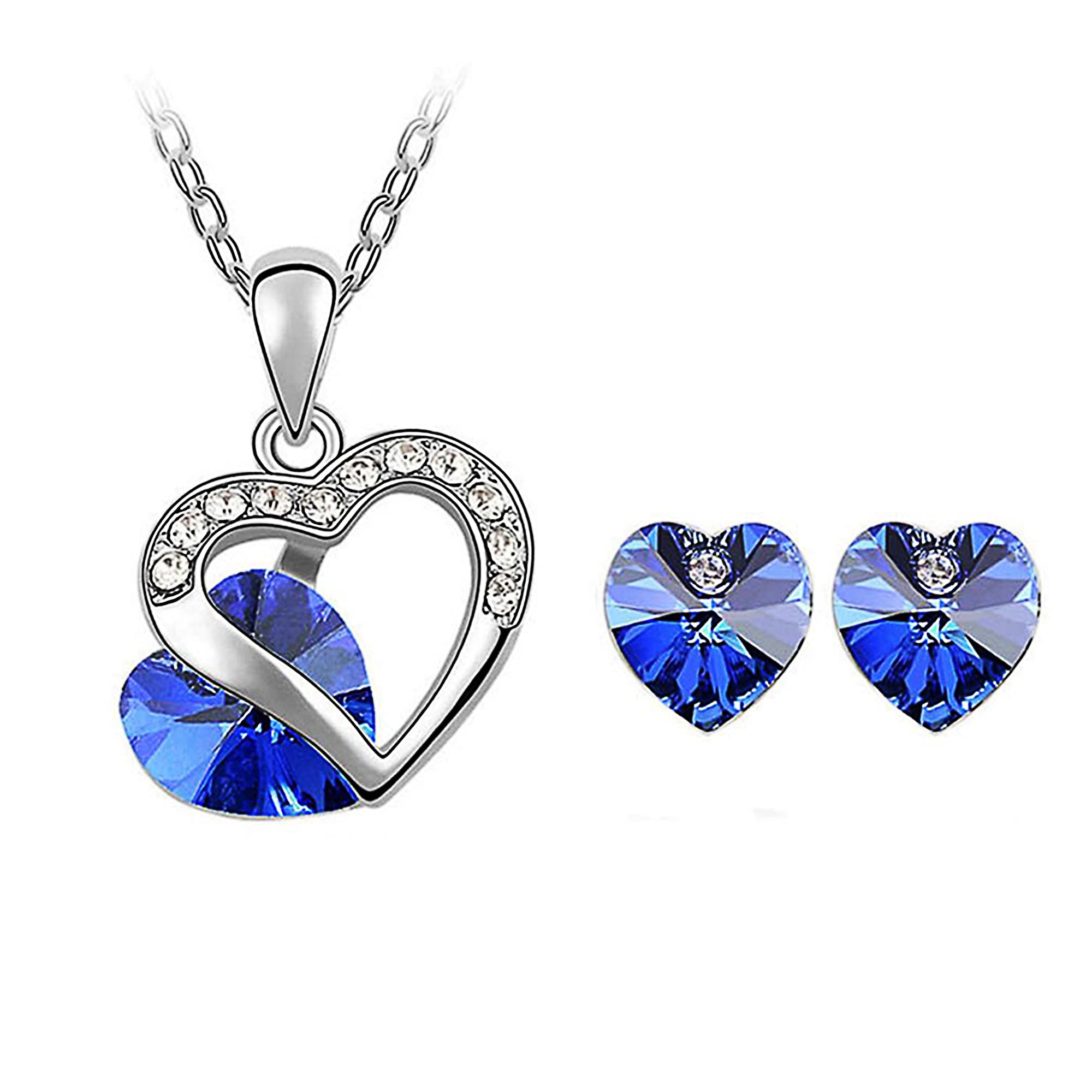 Double Heart Swarovski Crystal Pendant Necklace & Stud Earrings Set - Elegant Fashion Jewelry for Women, Perfect for Valentine's Day, Anniversary, and Romantic Occasions