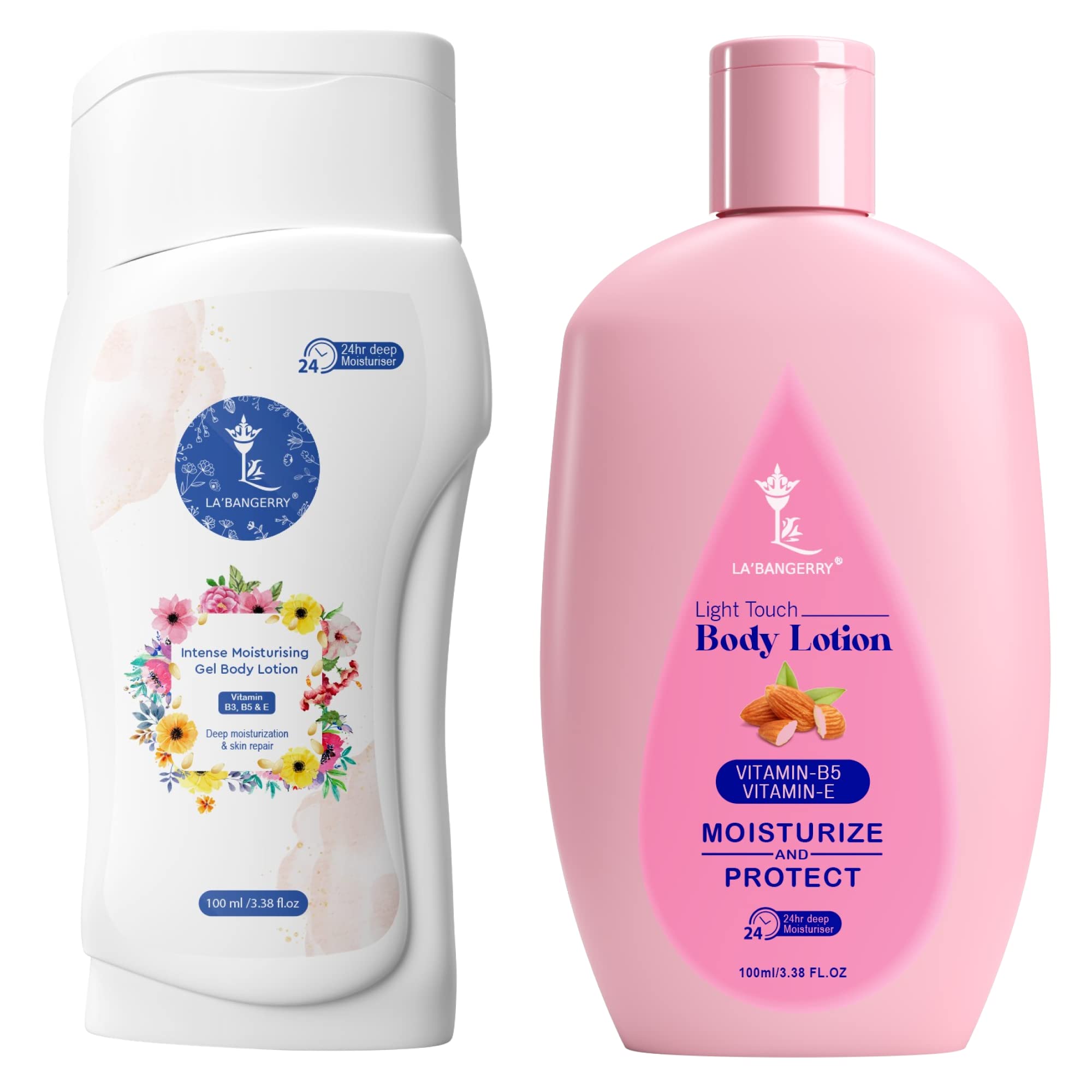 LA'BANGERRY Long Lasting Intense Moisturizing Gel Body Lotion & Light Touch Almond Body Lotion Combo - 24H Hydration for Dry Skin, Day & Night Use for Soft, Healthy Glow | Perfect for Daily Skincare Routine, After Shower & Before Bed