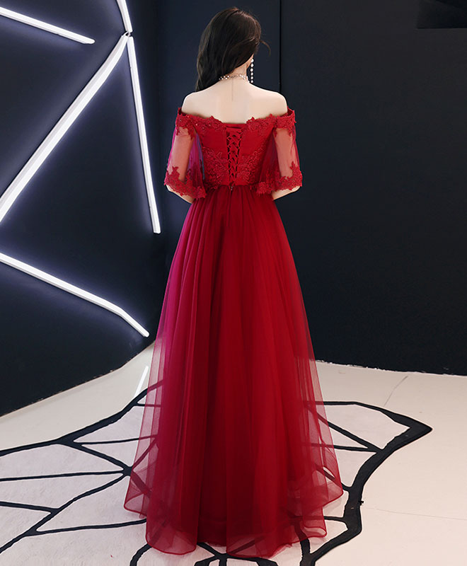 Elegant Burgundy Tulle Lace Long Prom Dress for Women - Formal Evening Gown for Homecoming, Wedding Guest & Special Occasions