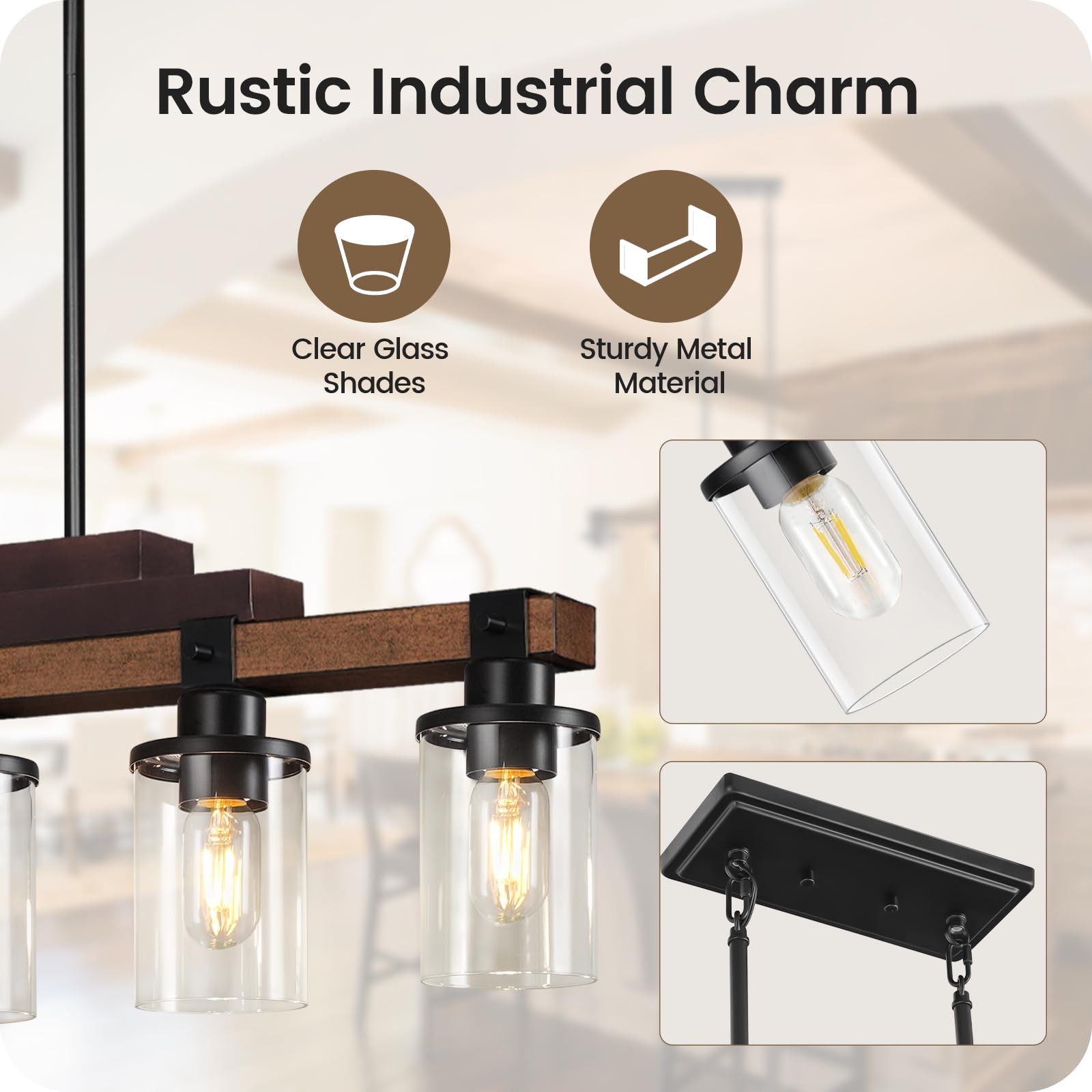 5-Light Kitchen Island Pendant Lighting Fixture - Heavy Duty Modern Dining Room Chandelier with Glass Shades, E26 Base - Perfect for Kitchen, Dining Room, Bar Counter & Breakfast Nook Lighting