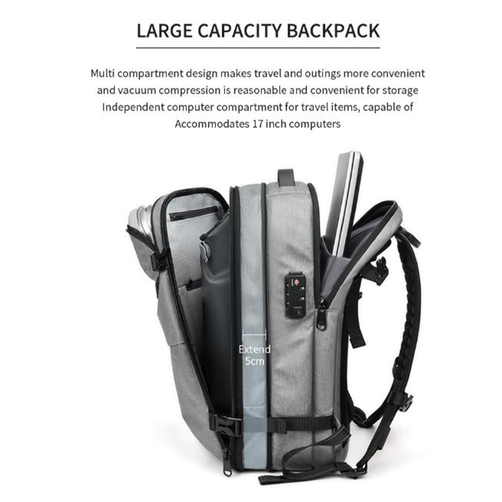 Matt Black Expandable Travel Backpack with Air Pump - Perfect for Hiking & Vacations