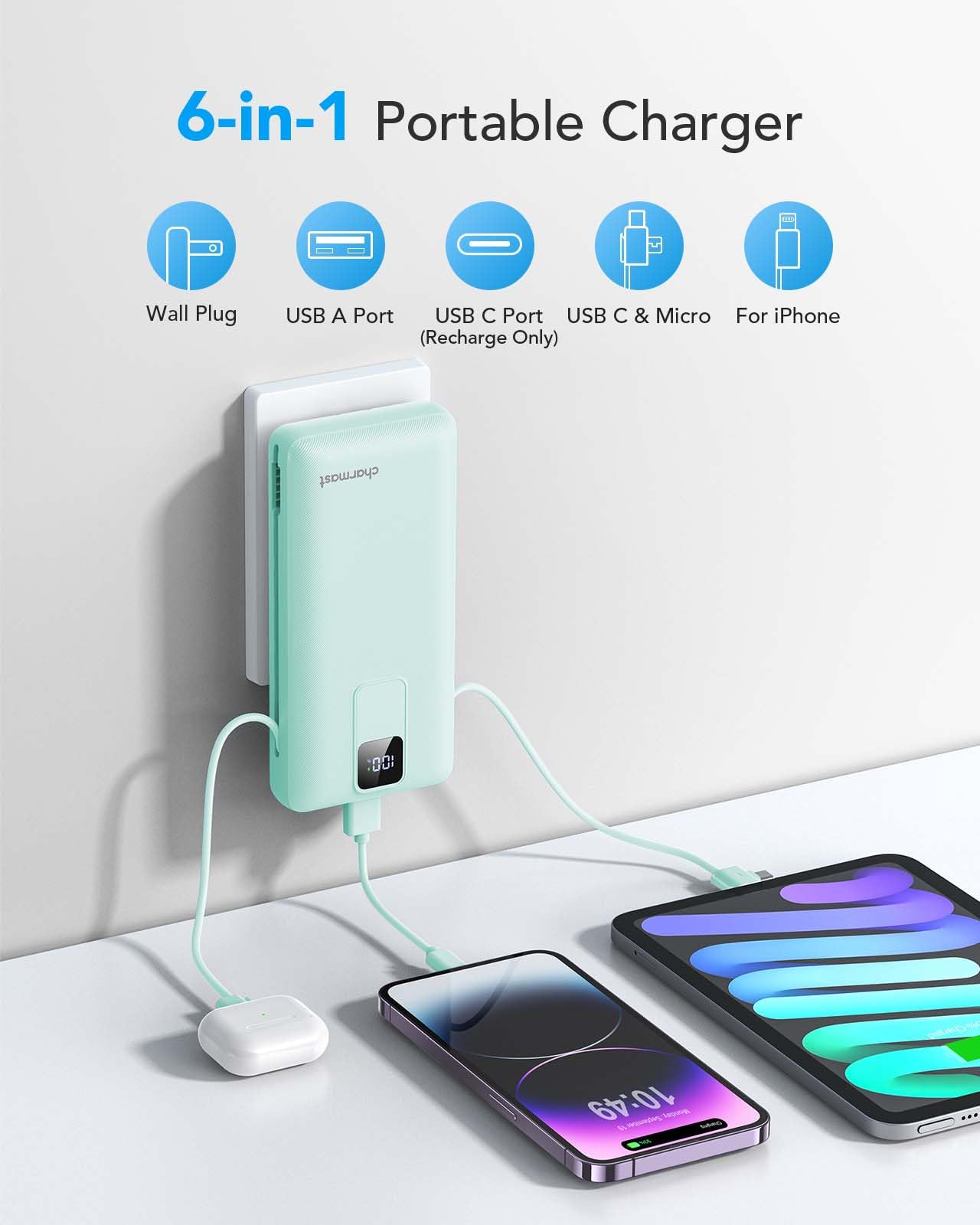Charmast 20000mAh Portable Charger with Built-in Cables & Wall Plug - 20W USB C Fast Charging Power Bank for iPhone 16/15/14/13, Samsung, Google, iPad - Perfect for Travel, Camping & Emergency Power Backup