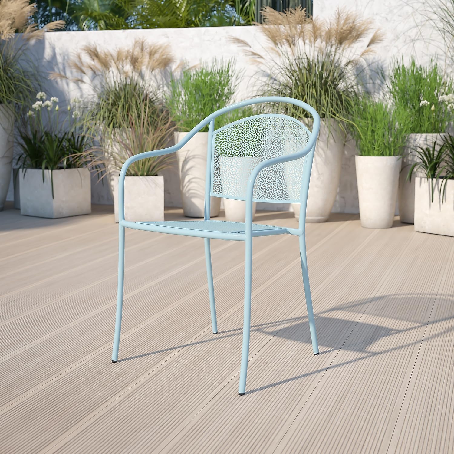 Flash Furniture Oia Commercial Grade 5-Pack Sky Blue Indoor-Outdoor Steel Patio Arm Chairs with Round Back - Durable Stackable Dining Chairs for Restaurant, Cafe, Poolside & Home Use