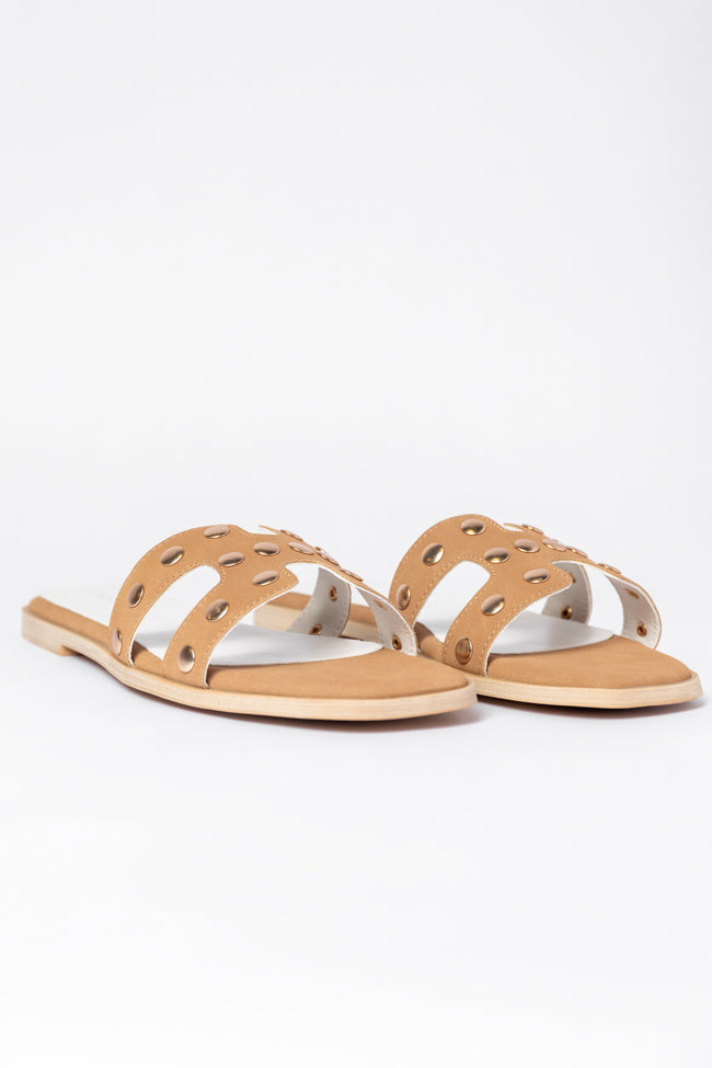 Hallie Women's Camel Studded H Sandals - Comfortable Leather Slides for Summer | Perfect for Beach, Pool, and Casual Outings