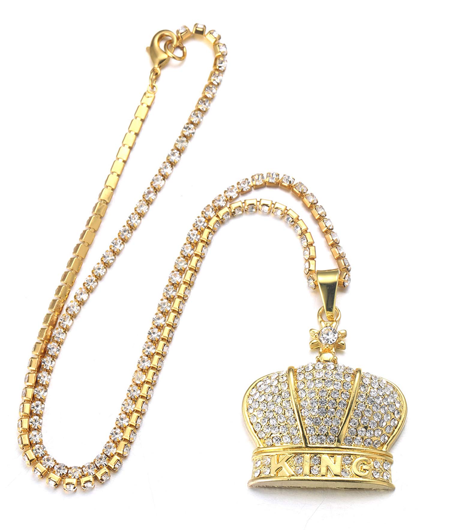 18K Gold Plated Men's Iced Out King Crown Pendant Necklace - Real Gold/Platinum White Gold Finish with CZ Diamonds, Rope & Tennis Chain Options - Perfect for Gifts, Parties & Luxury Fashion Accessories - FREE Gift Box Included