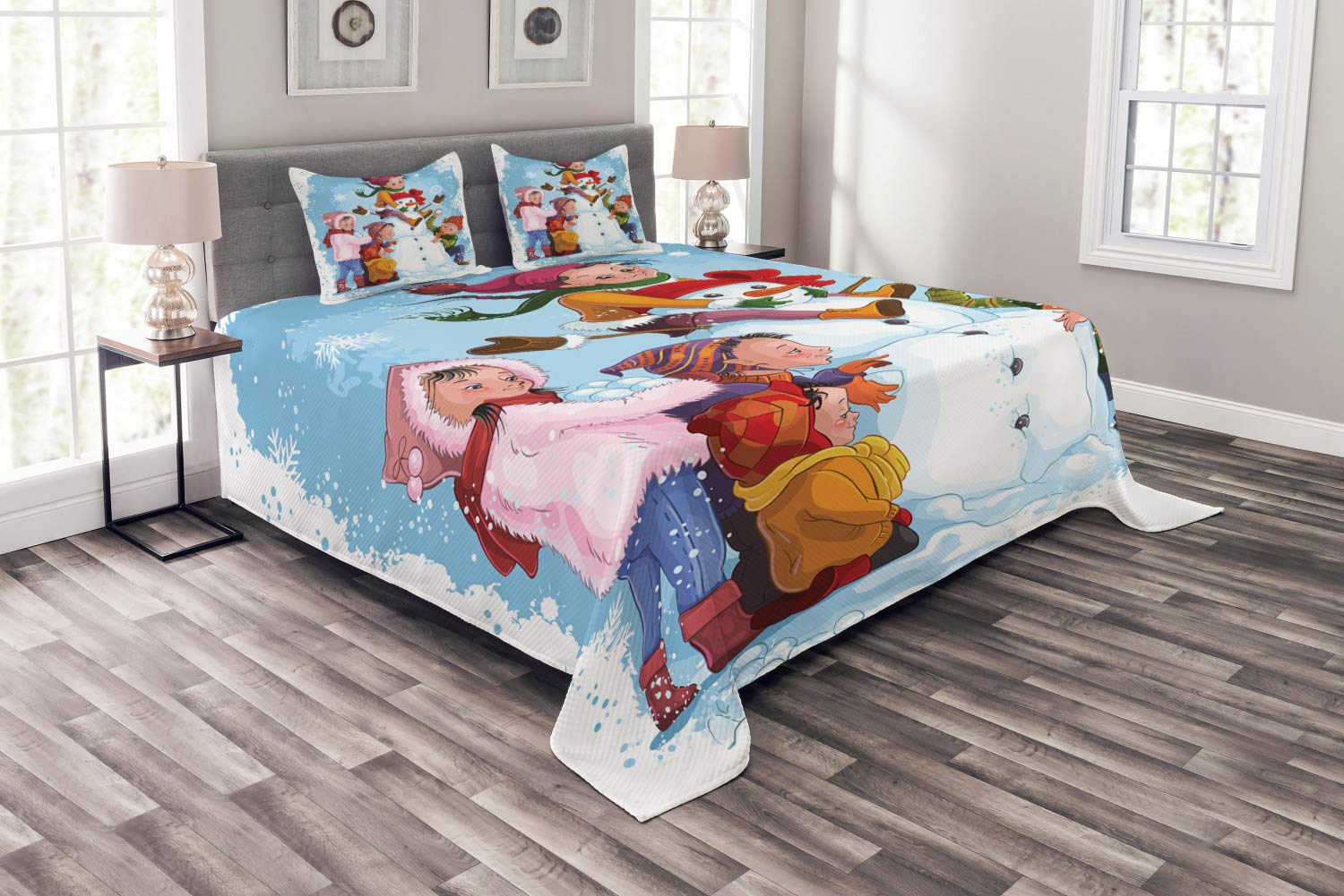 Ambesonne Snowman Bedspread Set - King Size 3-Piece Quilted Coverlet with 2 Pillow Shams | Cartoon Winter Snow Scene Design | Holiday Home Decor for Christmas Bedroom & Guest Room