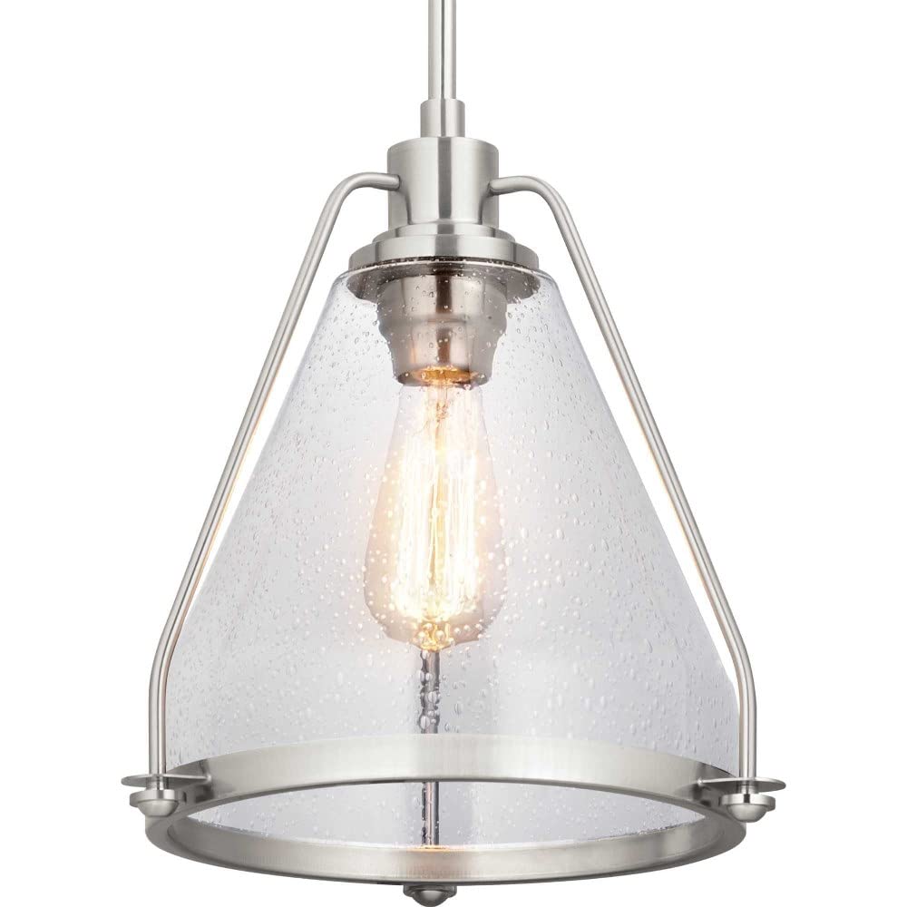 Progress Lighting Coastal Pendant Light - 1-Light Clear Seeded Glass Fixture in Graphite & Black - Perfect for Beach House, Kitchen Island, and Dining Room Decor