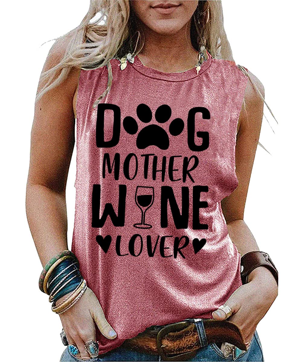 IOEGW Women's Dog Mom Sleeveless T-Shirt - Casual Letter Print Wine Lover Tank Top for Dog Lovers | Perfect for Dog Parties, Pet Events & Casual Outings