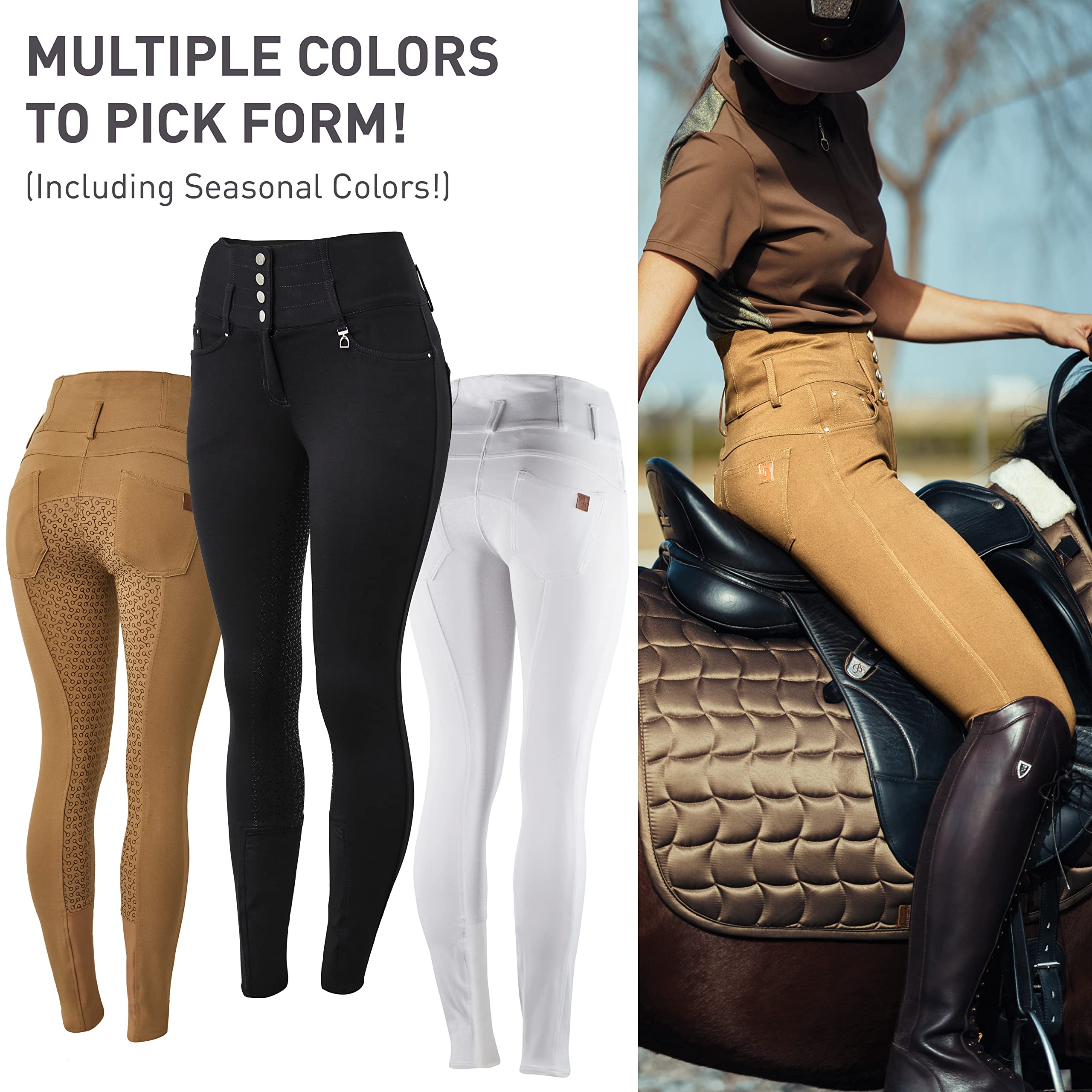 HORZE Women's Tara Full Seat Silicone Grip Breeches - Stretchable High Waist Equestrian Riding Pants with 4 Pockets for Horseback Riding & Show Jumping