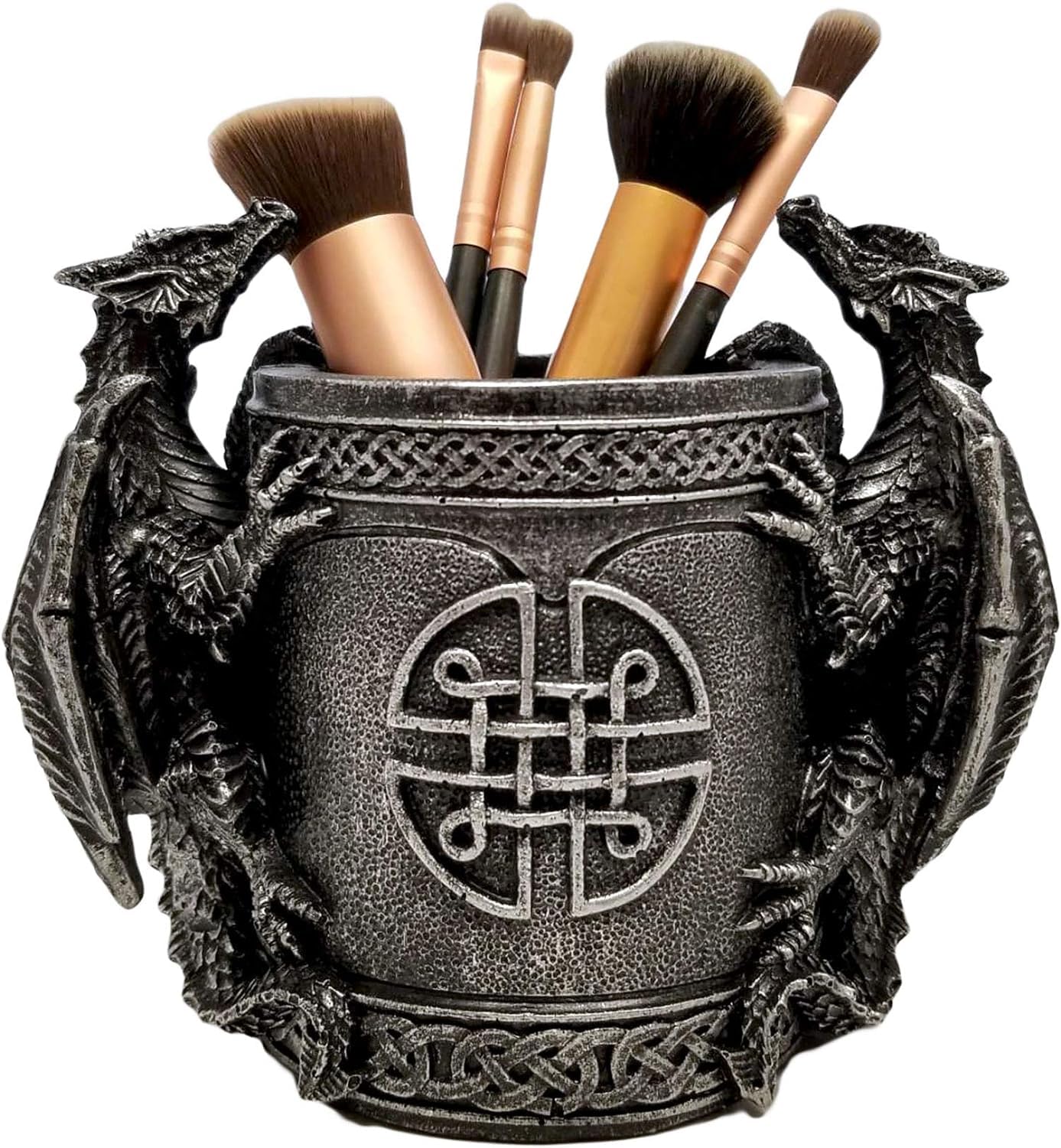 Ebros Medieval Fantasy Celtic Twin Climbing Dragons Bookend Statue - Gothic Dragon Themed Office Organizer, Desktop Pen & Pencil Holder, Makeup Brush Stand - 6.5