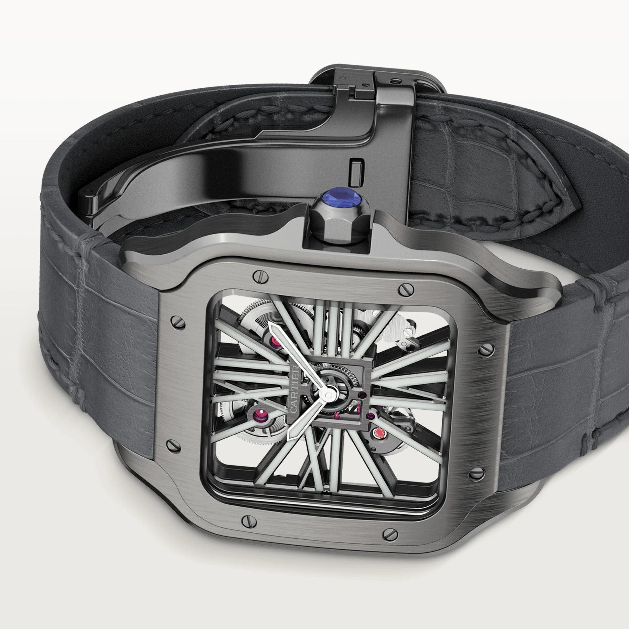 Cartier Santos Skeleton Black Steel Men's Watch - Luxury Automatic Skeleton Dial Watch for Men - Perfect for Business, Formal Events & Gift Giving