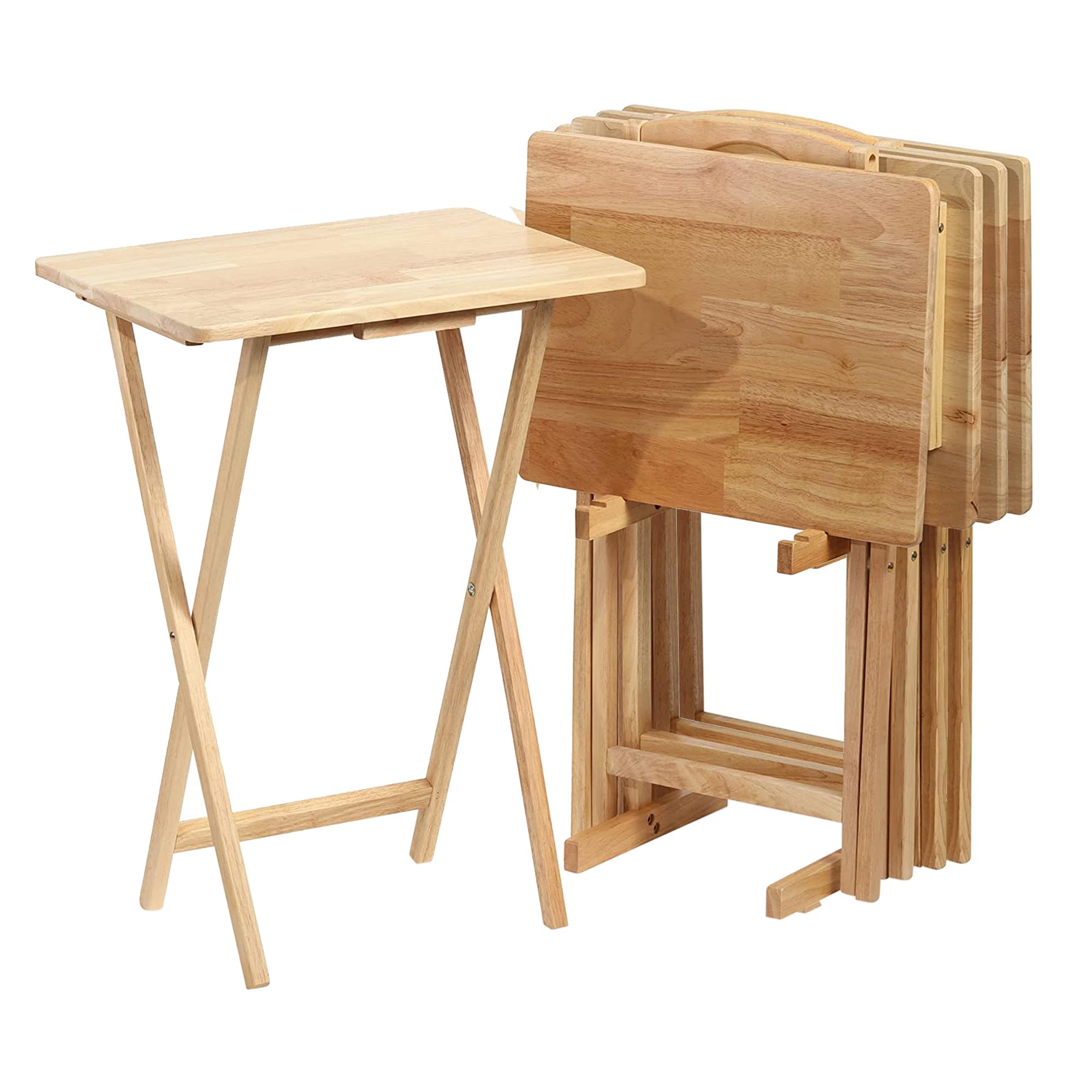 Solid Wood Folding TV Tray Table with Storage Rack - Portable Rectangle Snack Serving Tray for Living Room, Bedroom & Sofa - Natural Finish (Set of 7) - Perfect for Movie Nights, Breakfast in Bed & Small Space Living
