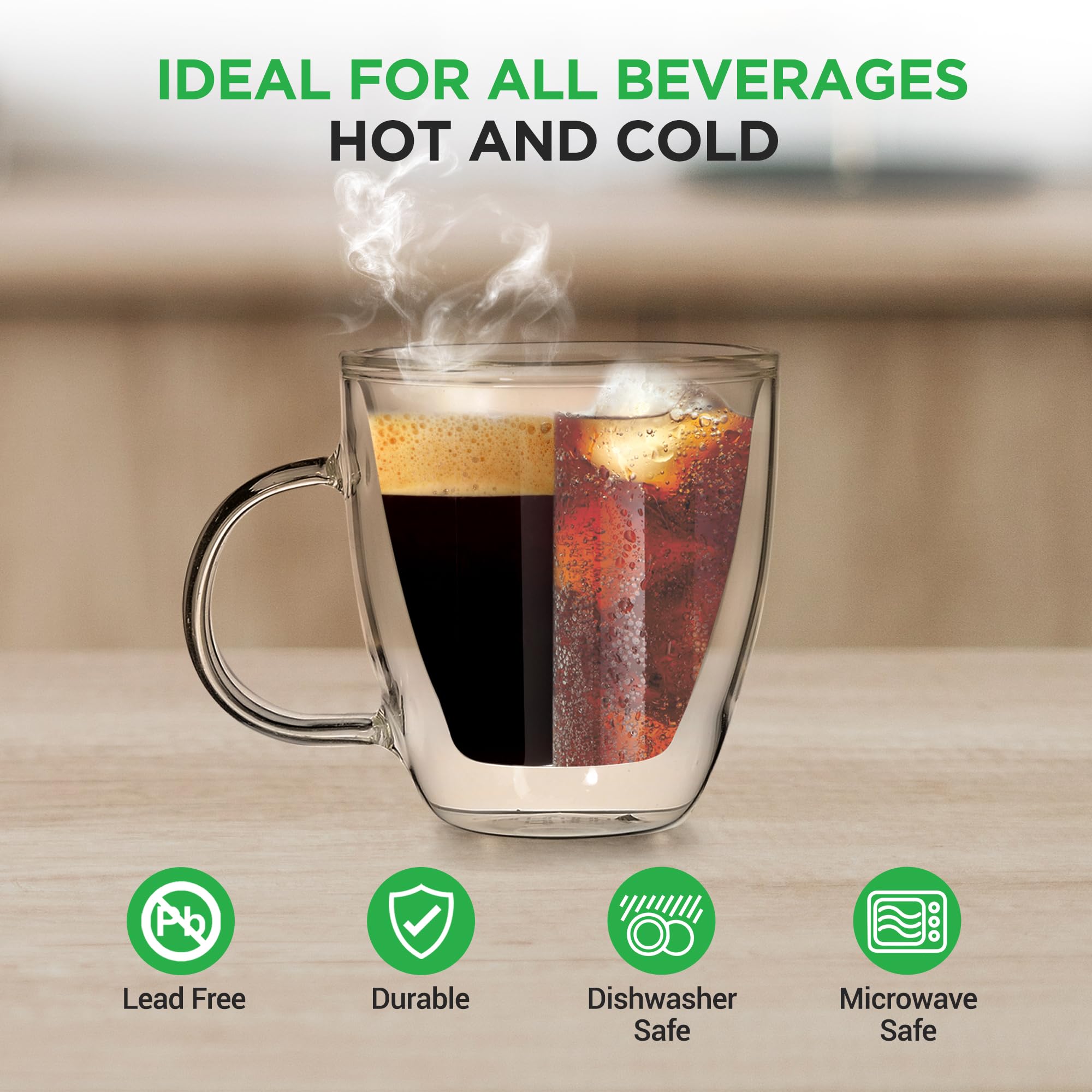 NutriChef 4-Pack 5.2 Oz Double Wall Insulated Glass Espresso Cups with Handle - Hot & Cold Drinkware for Coffee, Tea, Cappuccino - Perfect for Home, Office, and Cafe Use
