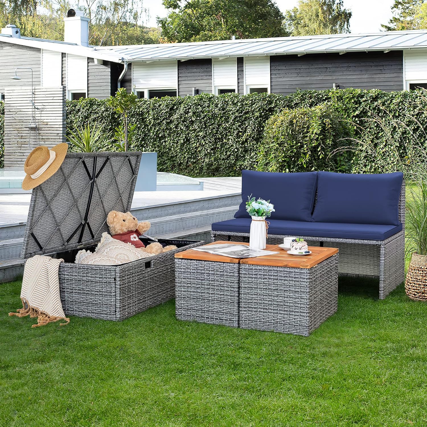 Devoko Outdoor Patio Daybed Set - Multifunctional Rattan Lounge Bed with 2 Side Tables, Navy Blue - Perfect for Backyard, Porch, Poolside, Lawn & Beach Relaxation