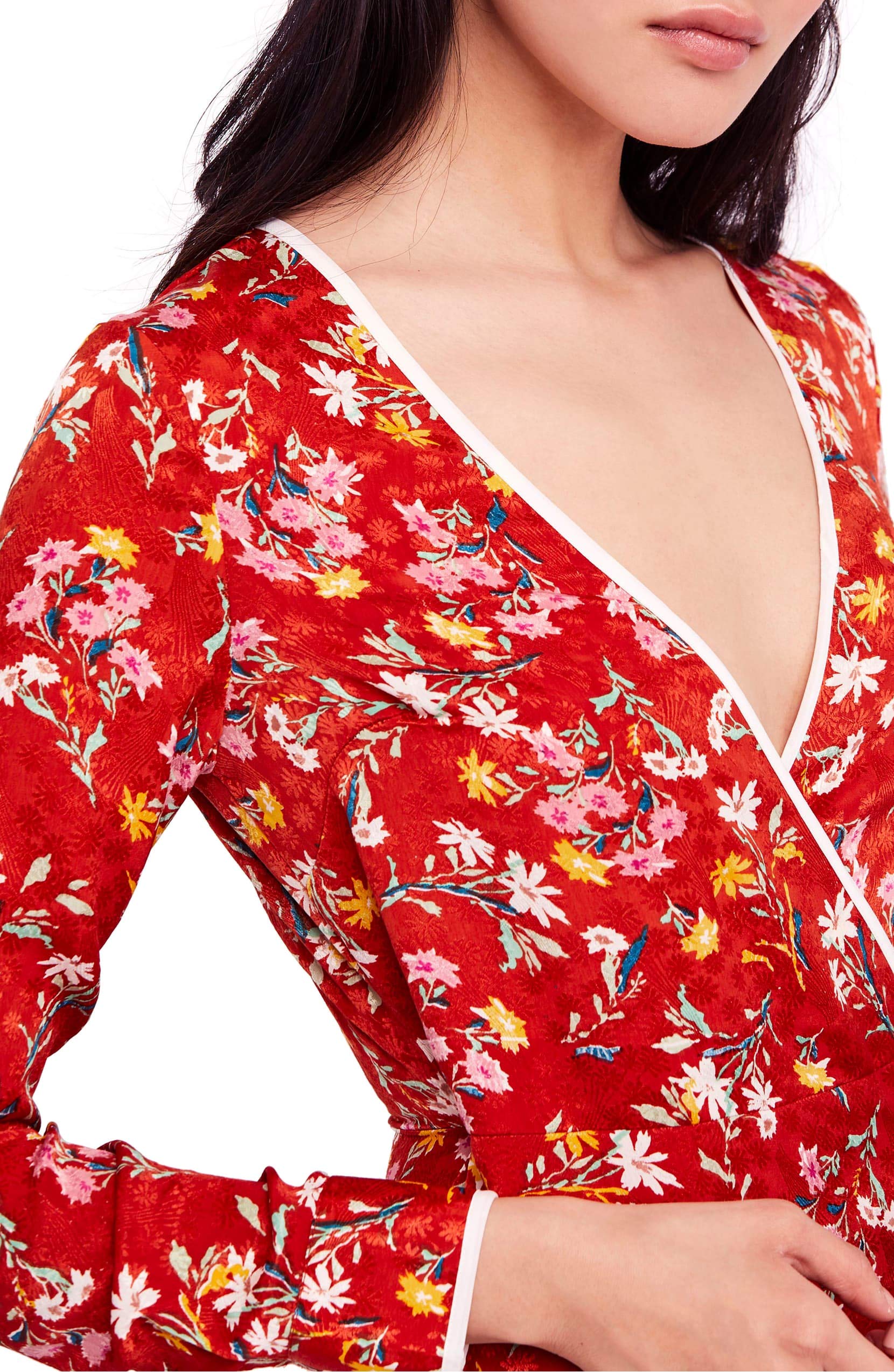 Free Women's Floral Ruffled Wrap Dress - Red Size 6 | Boho Summer Dress for Beach, Wedding & Date Night