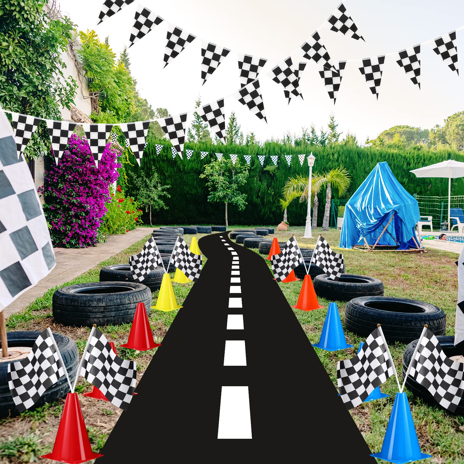 12-Piece Traffic Cones & Racing Flags Set - 12 Plastic Safety Cones, 12 Checkered Racing Flags with Sticks, 31ft Checkered Pennant Banner & 9.8x2ft Race Track Mat for Kids Outdoor Games, Birthday Parties & School Sports Events
