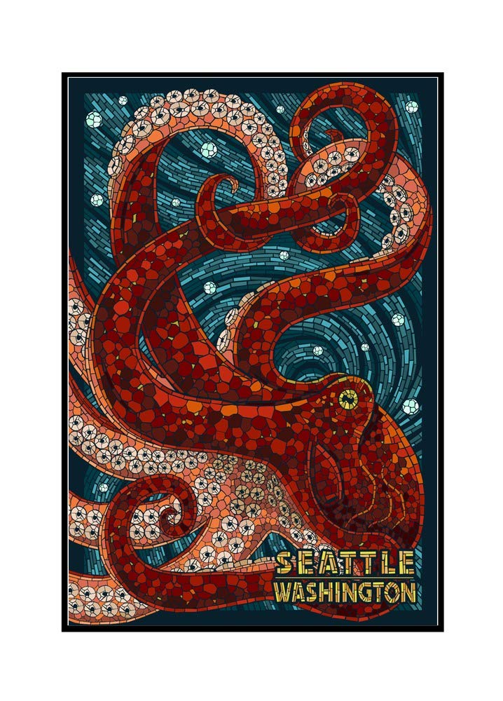 Seattle Washington Octopus Mosaic Wall Art - 16x24 Stretched Canvas Painting in Wooden Frame - Perfect for Living Room, Bedroom & Office Decor