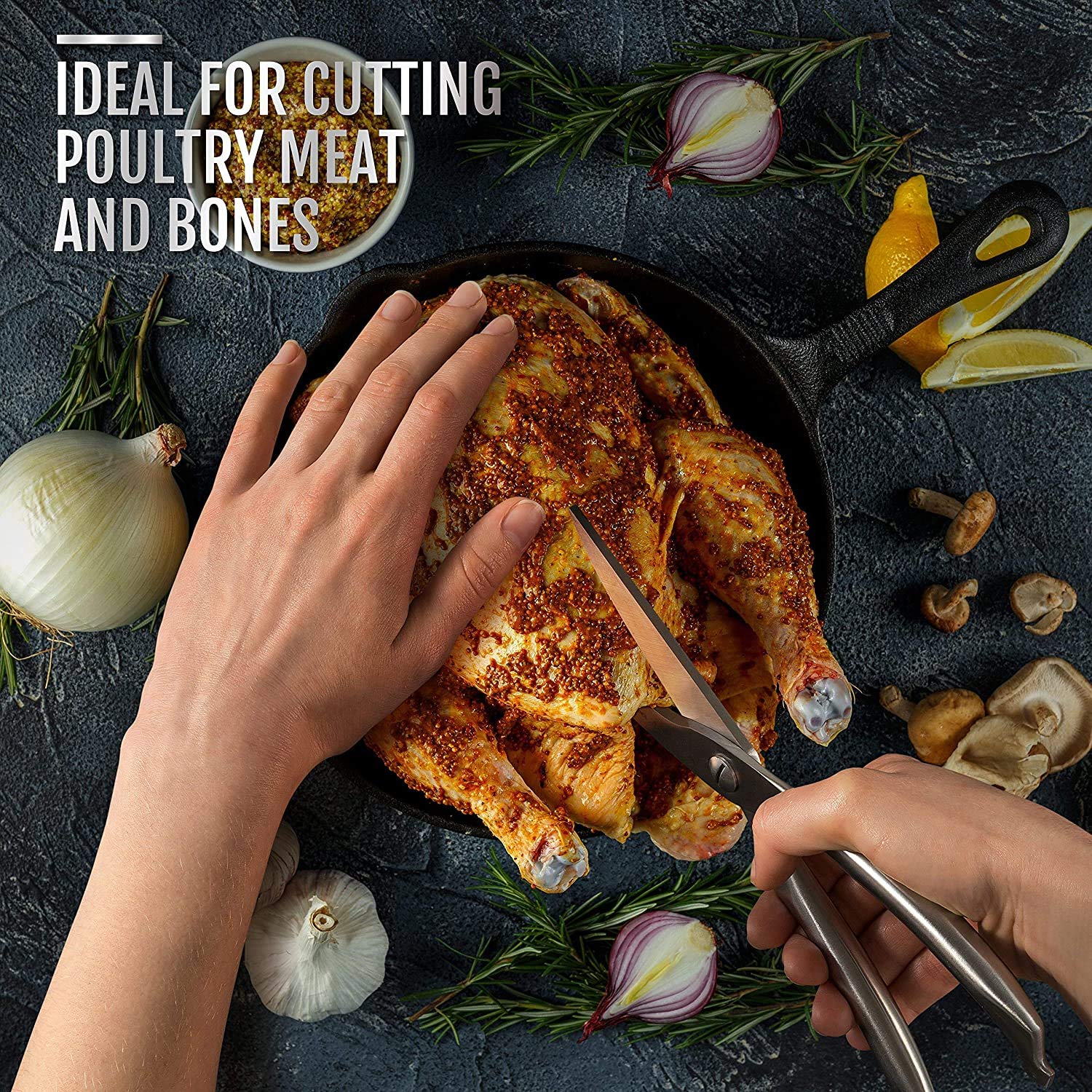 Heavy Duty Stainless Steel Kitchen Shears - Serrated Edge Poultry Shears for Chicken, Turkey, Fish & Meat Cutting - Spring Loaded Multipurpose Kitchen Scissors for Bones, Herbs & Food Prep - Perfect for Home Cooking, BBQ & Professional Chefs