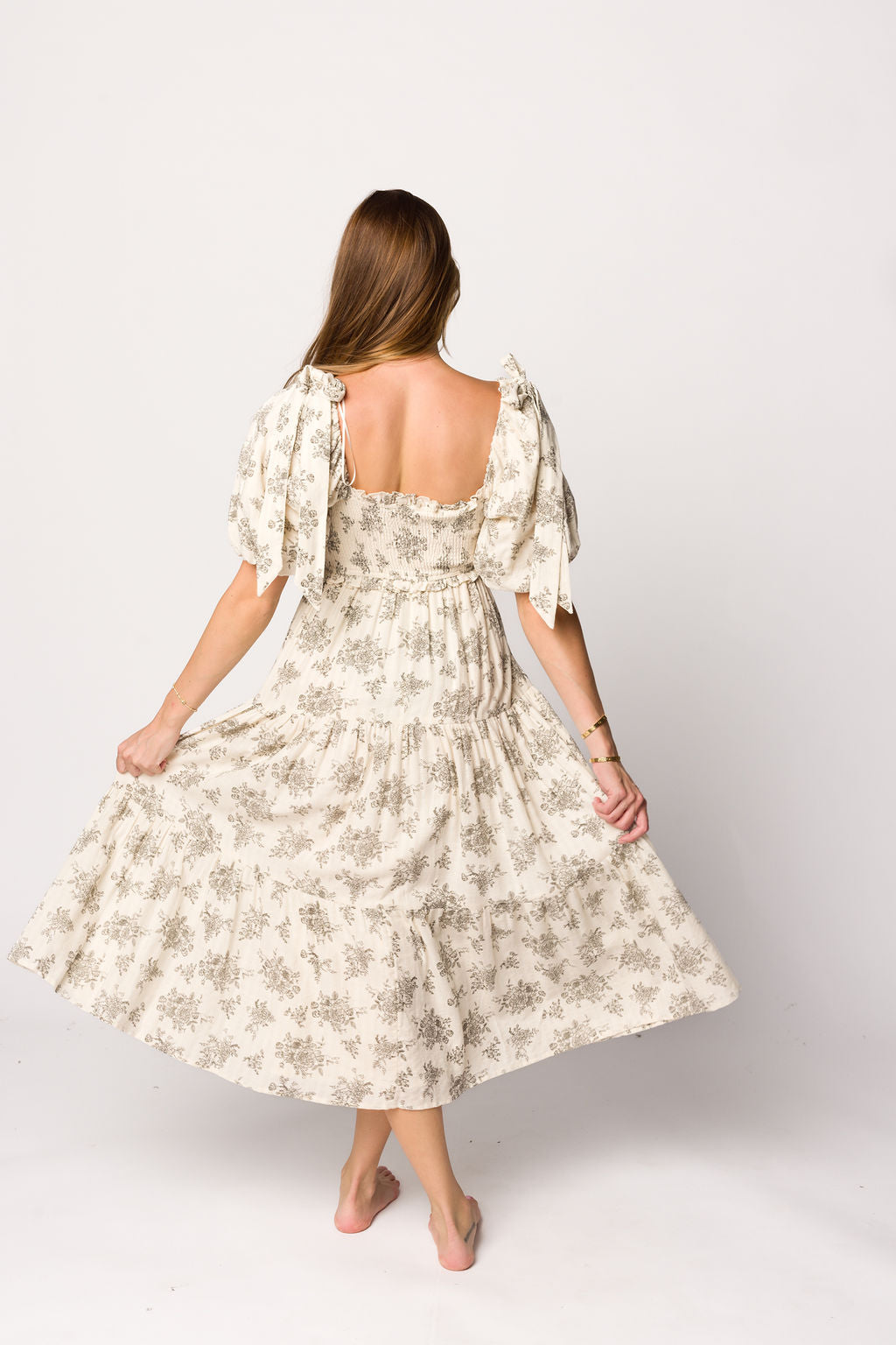 Elena Floral Toile Print Smocked Maternity Midi Dress in Ivory - Bump Friendly Summer Dress for Baby Shower, Brunch & Special Occasions