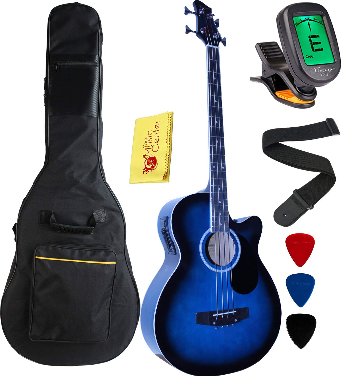Full Size 4-String Cutaway Acoustic-Electric Bass Guitar with 4-Band EQ, Includes Gig Bag, Strap & Picks - Blue | Perfect for Live Performances, Studio Recording & Practice Sessions