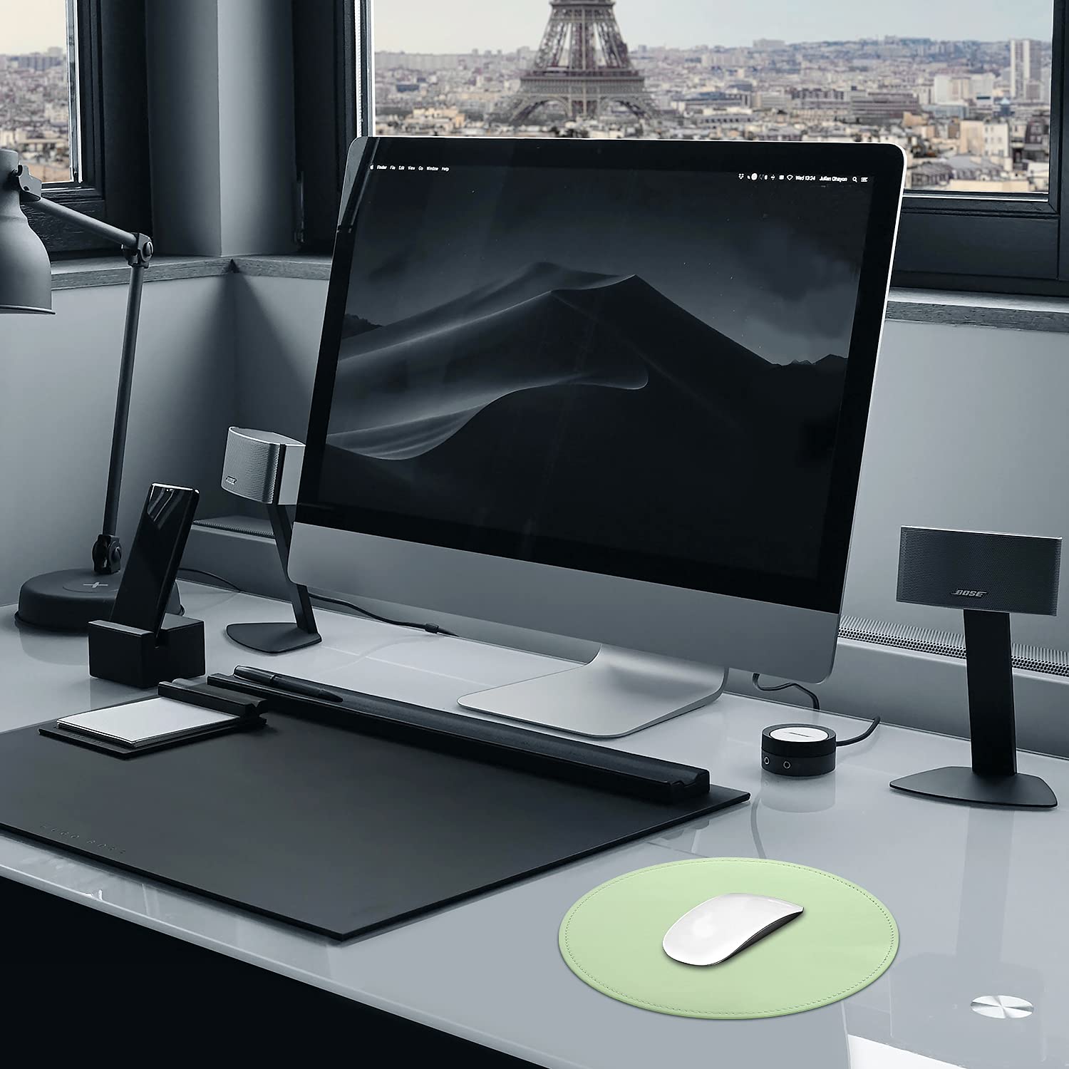 Premium Round PU Leather Mouse Pad with Stitched Edge & Non-Slip Micro-Fiber Base - Waterproof Desk Mat for Computer, Laptop, Gaming (9x9 Inch, Fresh Green) - Perfect for Office, Home & Gaming Setups