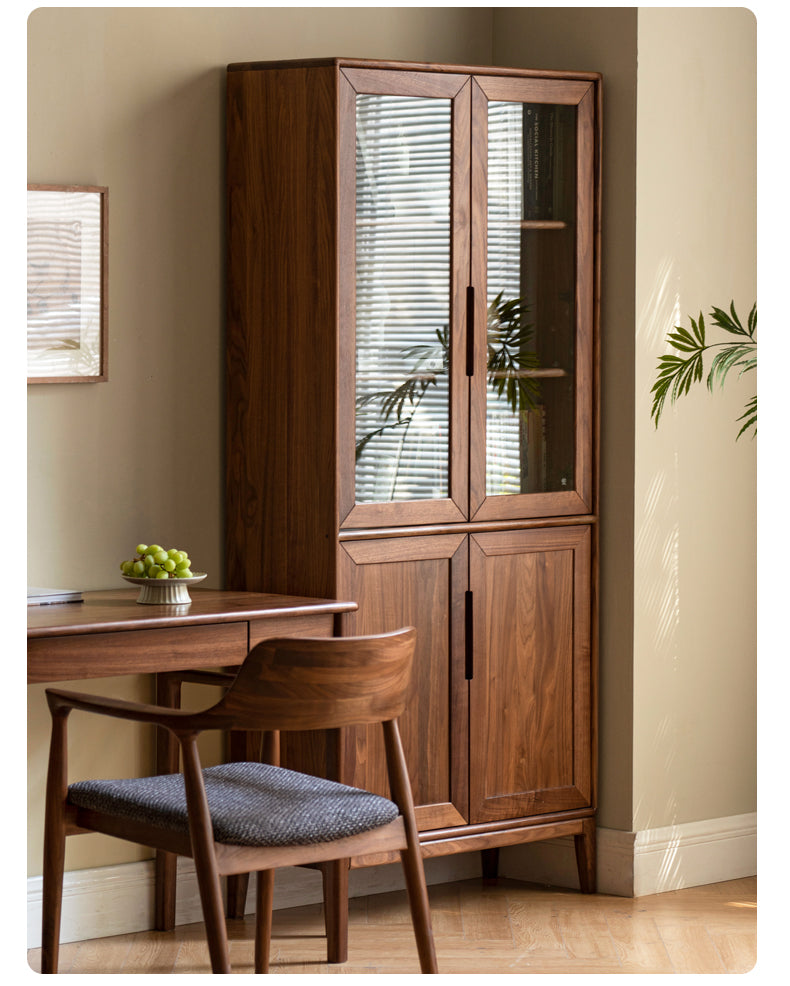Premium Black Walnut & Ash Solid Wood Bookcase with Dust-Proof Glass Doors - Stylish Home Office & Living Room Storage Solution