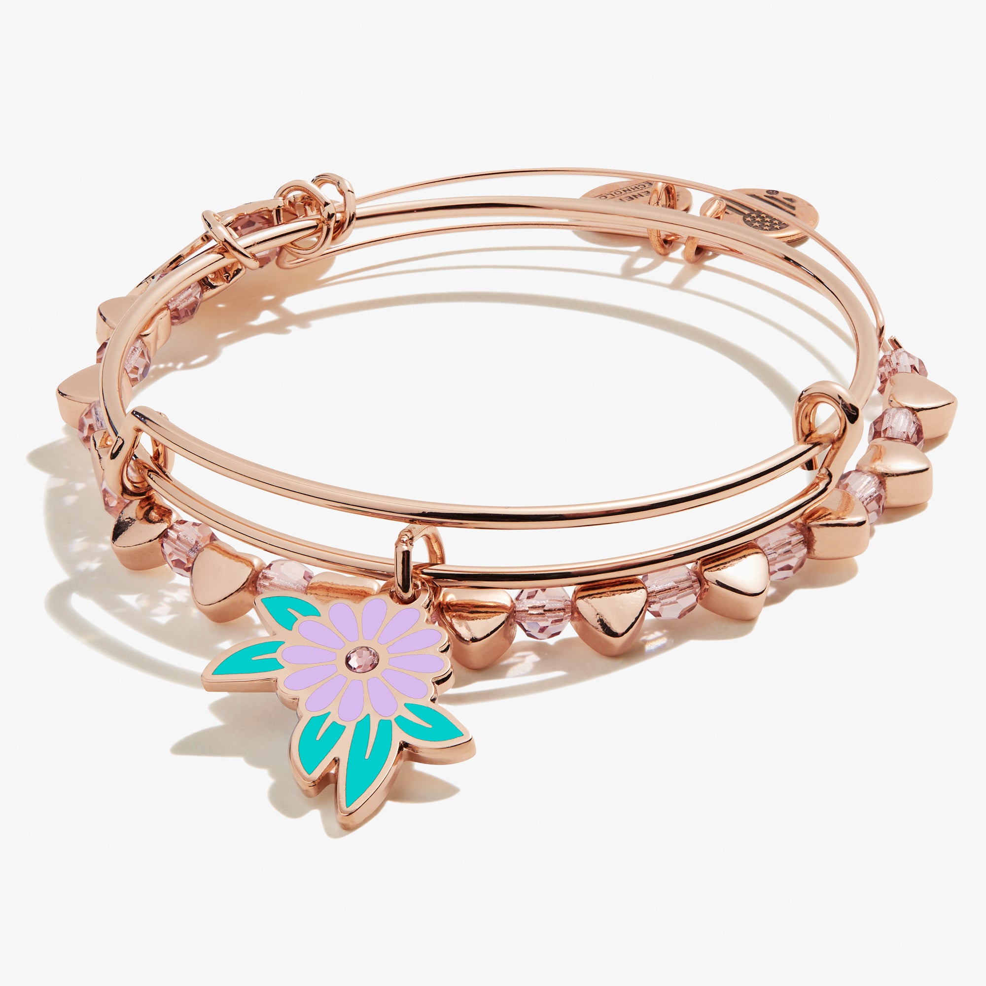Flower & Hearts Charm Bangle Bracelets Set of 2 - Elegant Stackable Jewelry for Women, Perfect for Valentine's Day Gifts, Anniversary or Everyday Wear