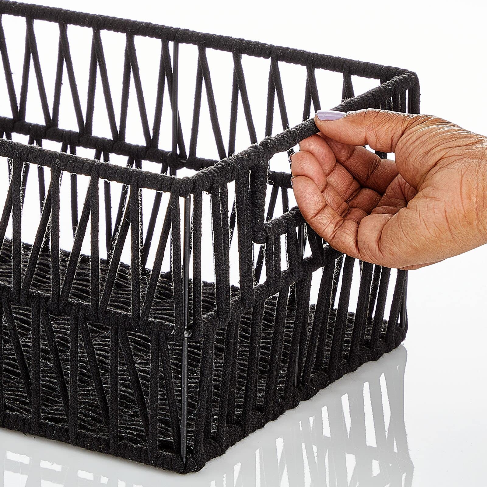 mDesign Metal Wire & Cotton Rope Small Macrame Boho Storage Baskets with Handles - 3 Pack Black - Decorative Organizer Bins for Kitchen, Pantry, Shelves - Perfect for Paper Goods, Dish Towels, Party Supplies & Home Decor