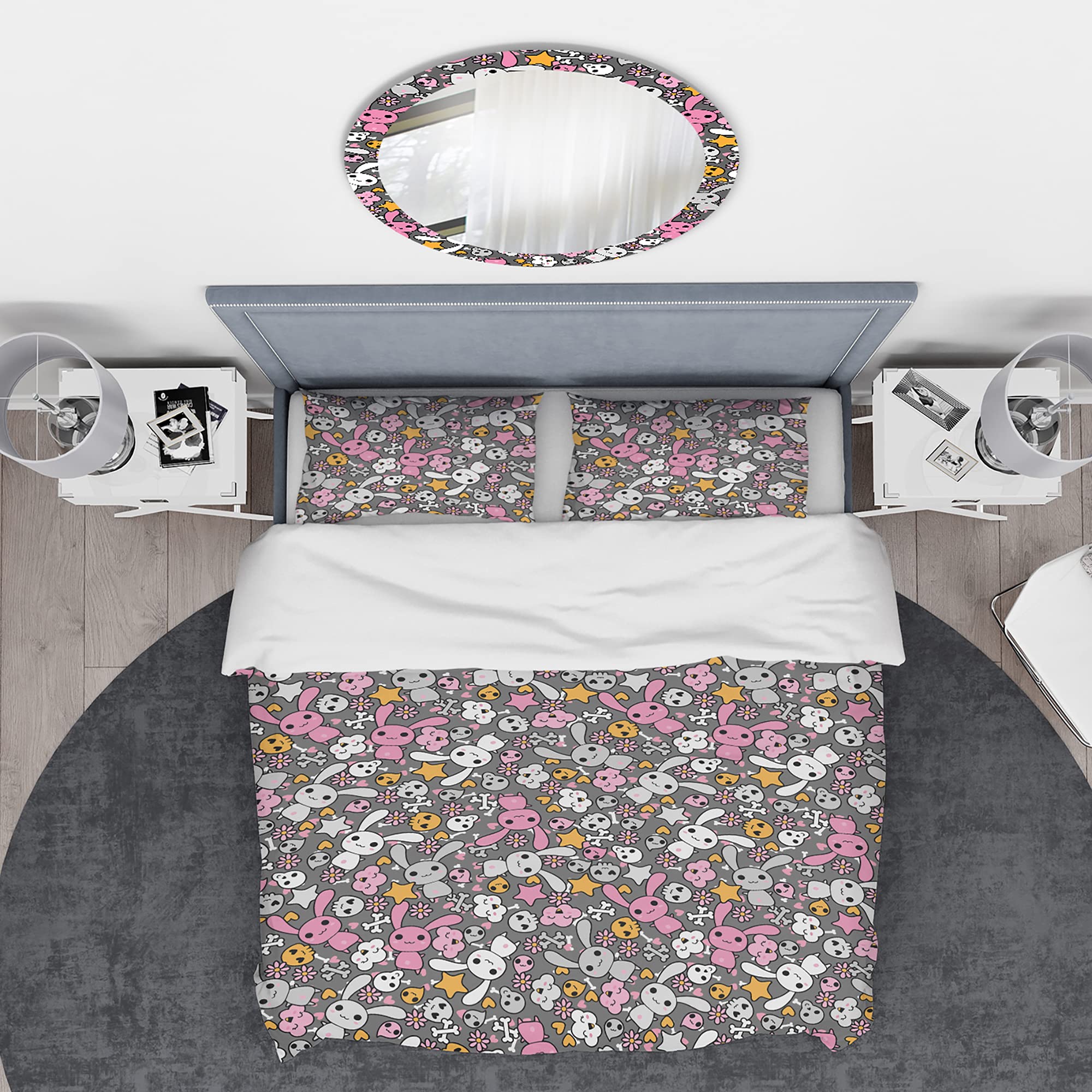 DesignQ 'Little Rabbit Kawaii with Pink Flowers' Floral Duvet Cover Set - Soft Bedding for Girls' Room, Nursery Decor & Kawaii Aesthetic Bedroom