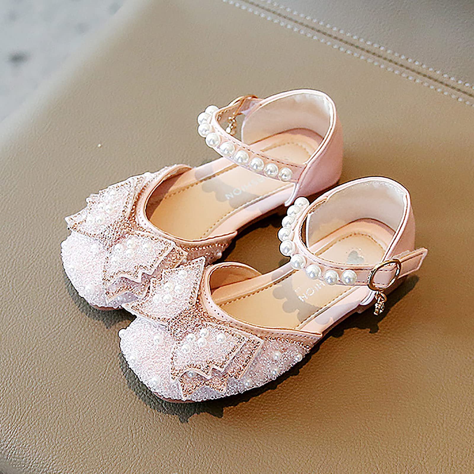 EnJoCho Girls' Crystal Bowknot Dance Sandals - Sparkling Princess Shoes with Pearl Bling for Toddlers (Pink, Size 3.5 Years) | Perfect for Ballet Class, Party Wear & Special Occasions