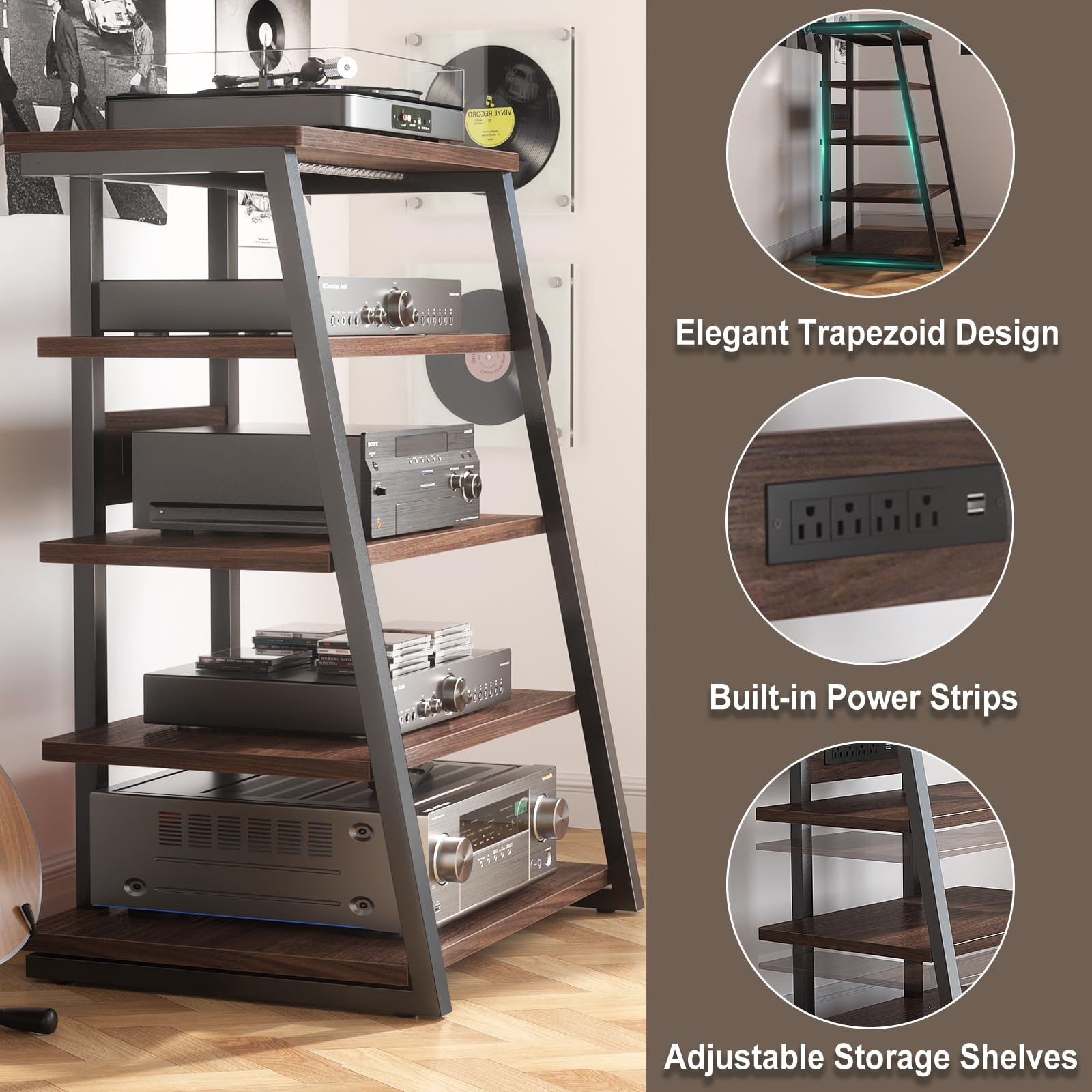 5-Tier AV Media Stand with Built-in Power Strips & LED Lights - Adjustable Shelves for Stereo, TV & Audio Equipment - 40.8