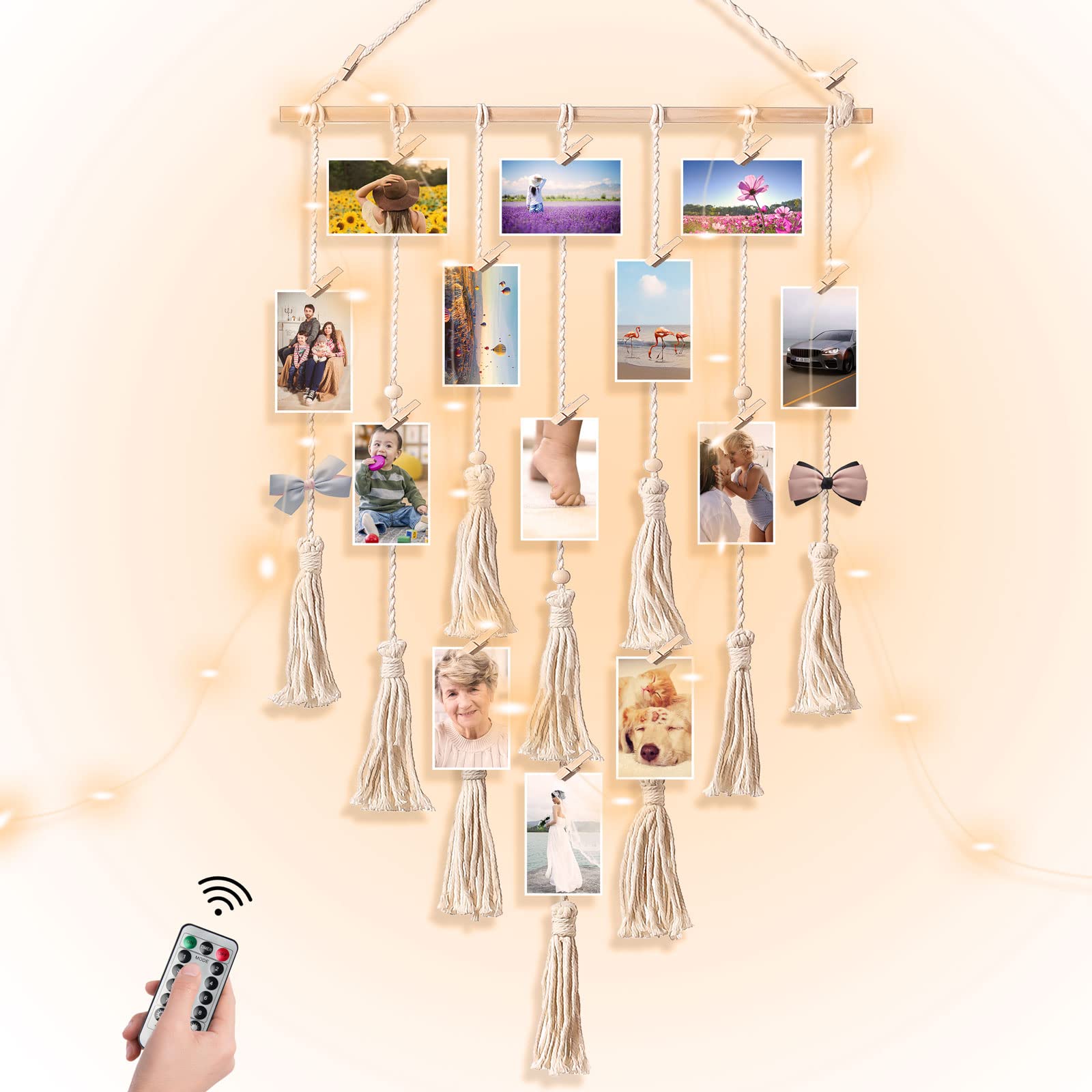 Kyoryuger Macrame Wall Hanging Photo Clip Holder - Boho Chic Bedroom Decor, Perfect Gift for Teen Girls, Mom, Grandma, Nana, Friends & Women, Ideal for Birthdays, Memorials & Home Styling