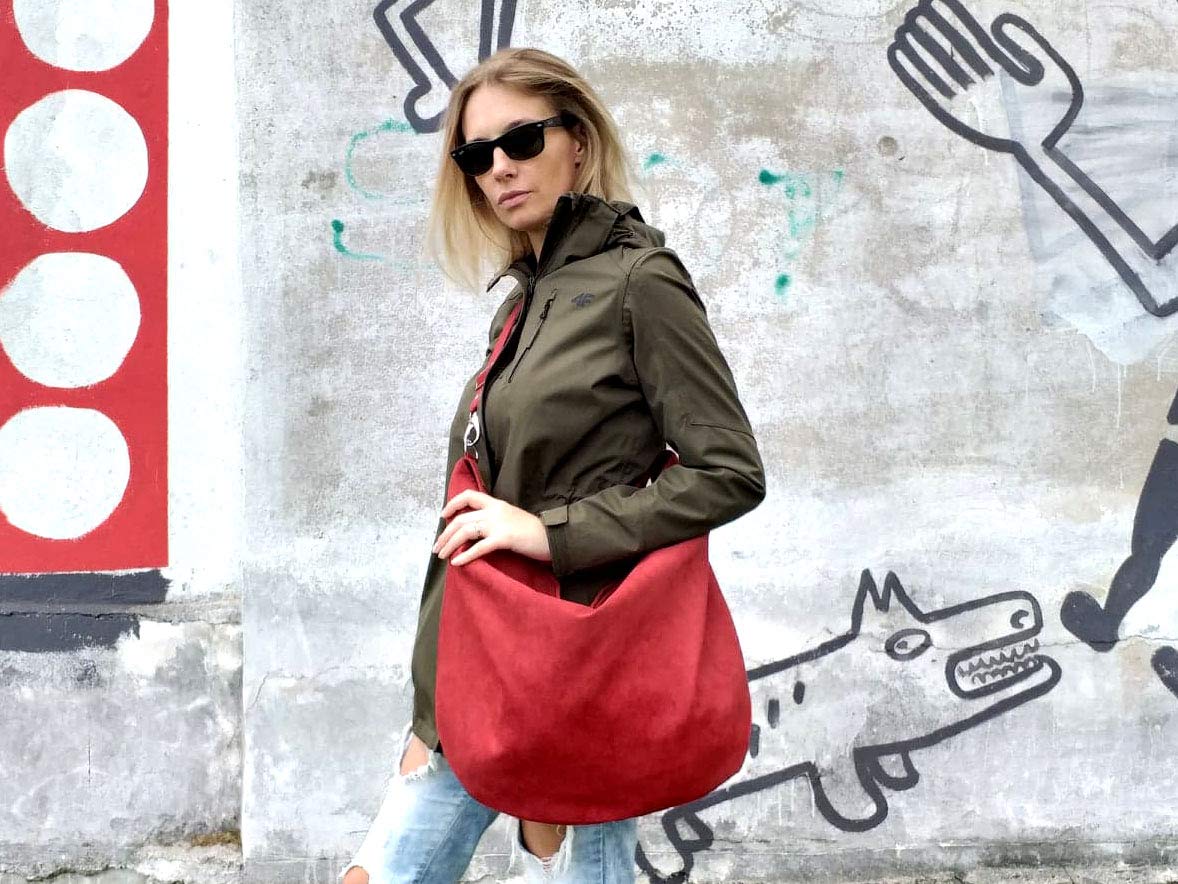 Stylish Red Hobo Bag with Adjustable Strap - Large Crossbody, Shopping, Work & School Bag in Eco Suede & Vegan Faux Leather - Perfect for Daily Commute, Office & Casual Outings