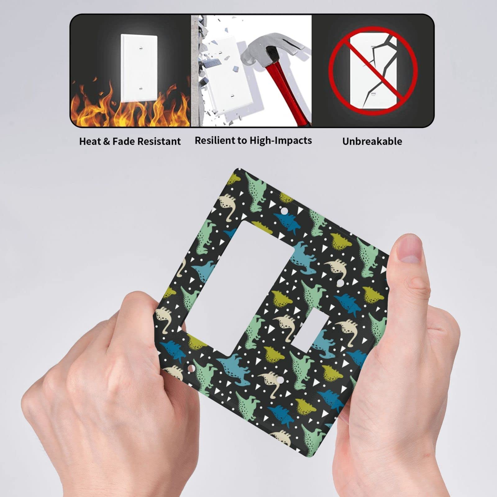 Black Dinosaur 2-Gang Light Switch Cover Plate - Decorative Plastic Electrical Outlet Wall Plate for Bedroom, Bathroom & Kitchen Decor | Dinosaur-Themed Home Improvement Accessory
