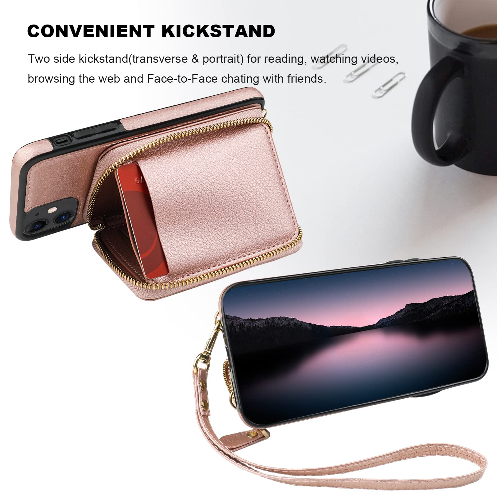 RFID Blocking Wallet Case for iPhone 11 - PU Leather Crossbody Zipper Purse with Card Holder, Kickstand & Detachable Wrist Strap | 6.1 Inch Rose Gold Folio Case | Perfect for Travel, Shopping & Daily Use