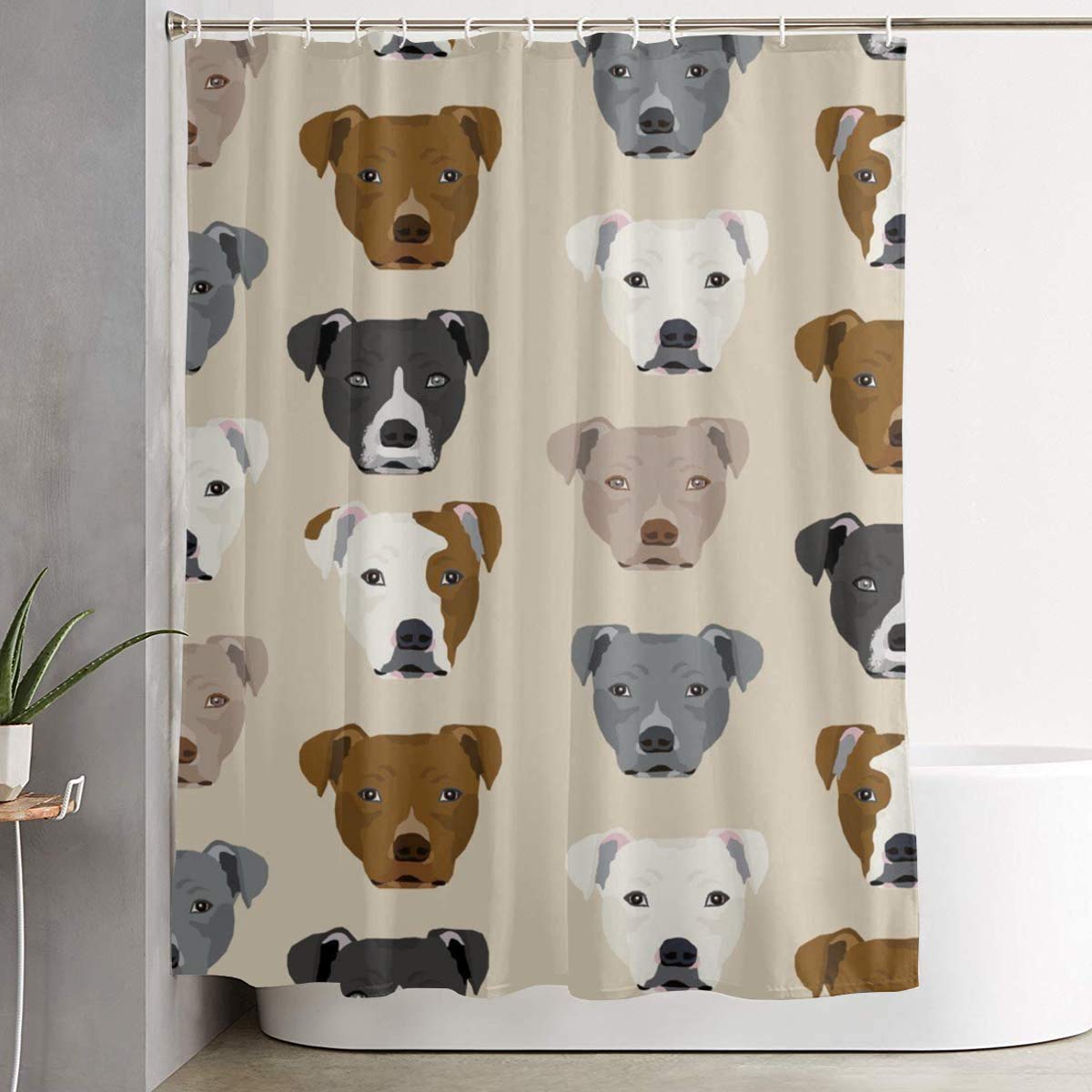 BYRON HOYLE Pitbull Head Shower Curtain - Waterproof Polyester Fabric Bathroom Decor with Hooks & Rings for Bathtub Stall or Window - Cute Dog Theme Bath Accessory for Pet Lovers