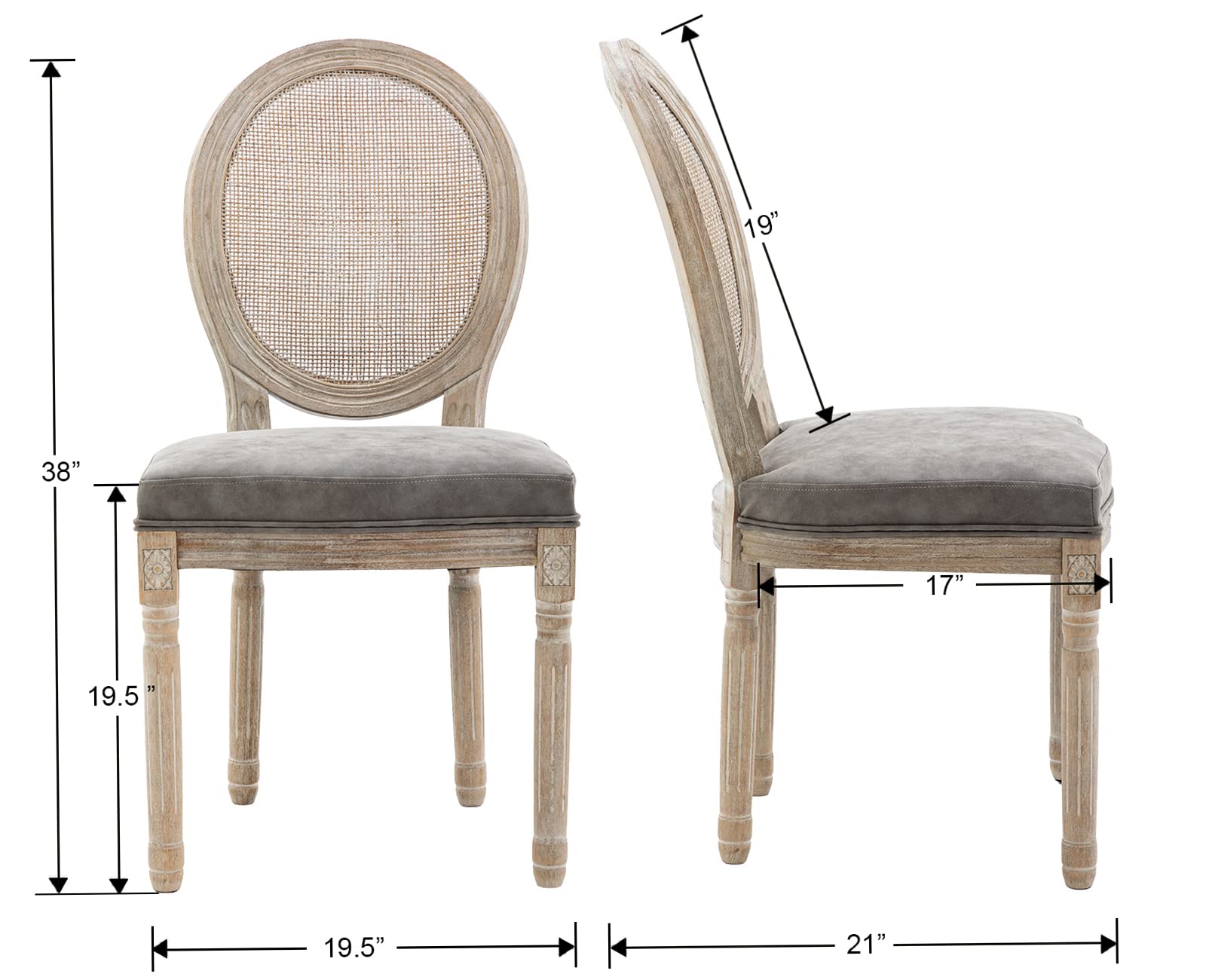 Premium PU Leather Dining Chairs with Rattan Round Back - Set of 2 Grey French Countryside Chairs for Kitchen, Living Room & Farmhouse Decor | Comfortable Seating for Family Meals & Entertaining Guests