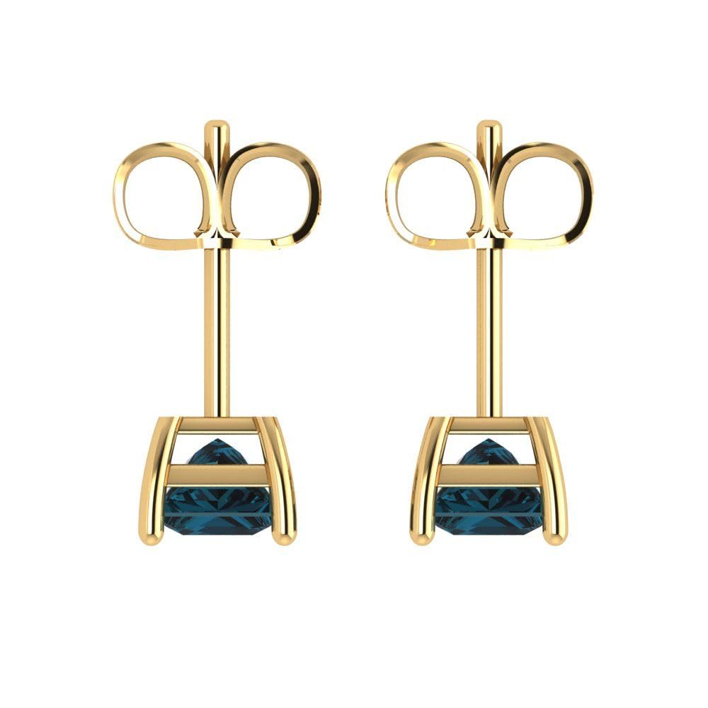 1.94cttw Princess Cut Natural London Blue Topaz Stud Earrings in 14K Yellow Gold - Push Back Closure, Anniversary Gift for Her - Perfect for Weddings, Parties & Special Occasions