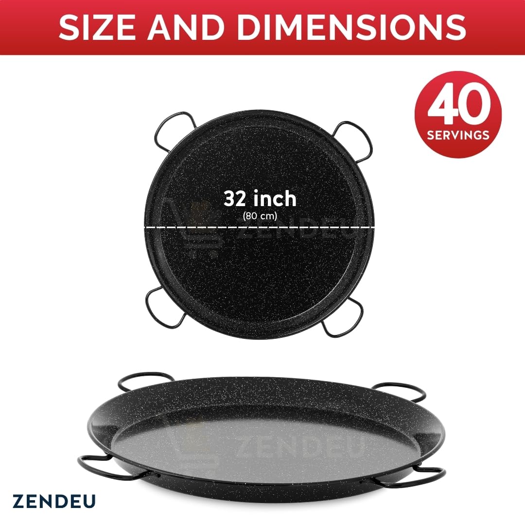 Premium Enameled Carbon Steel Paella Pan - 32 Inch (80cm) for 40 Servings with 4 Hangers - Perfect for Outdoor Cooking, Parties, and Spanish Cuisine