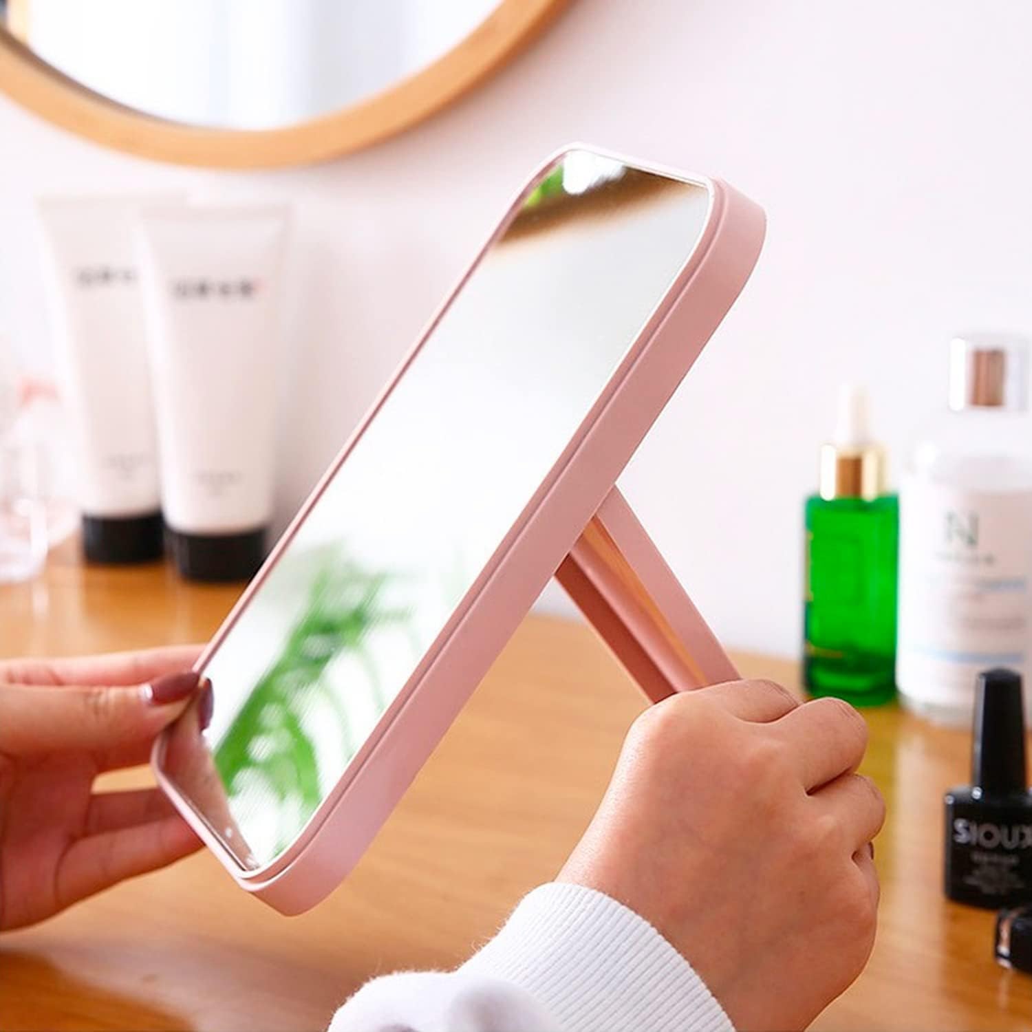 KPNG Foldable Desktop Makeup Mirror with Stand - Portable Square Cosmetic Mirror for Home & Travel, Dual-Purpose Tabletop or Wall Hanging Vanity Mirror (Pink) - Perfect for Bedroom, Bathroom & Dorm Room Makeup Application