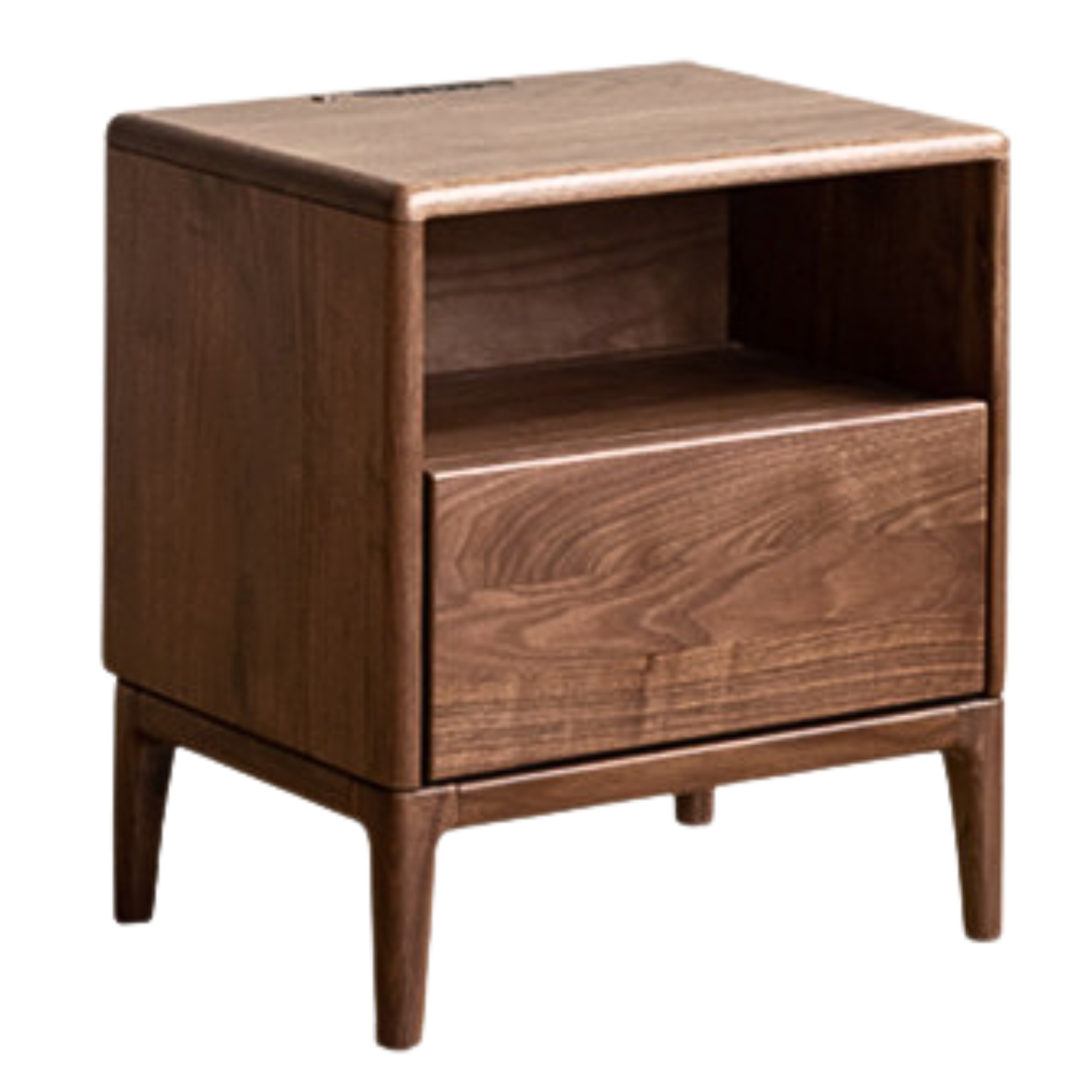 Premium Black Walnut & Ash Solid Wood Nightstand with Built-in Light - Modern Bedside Table for Bedroom Decor & Small Space Storage