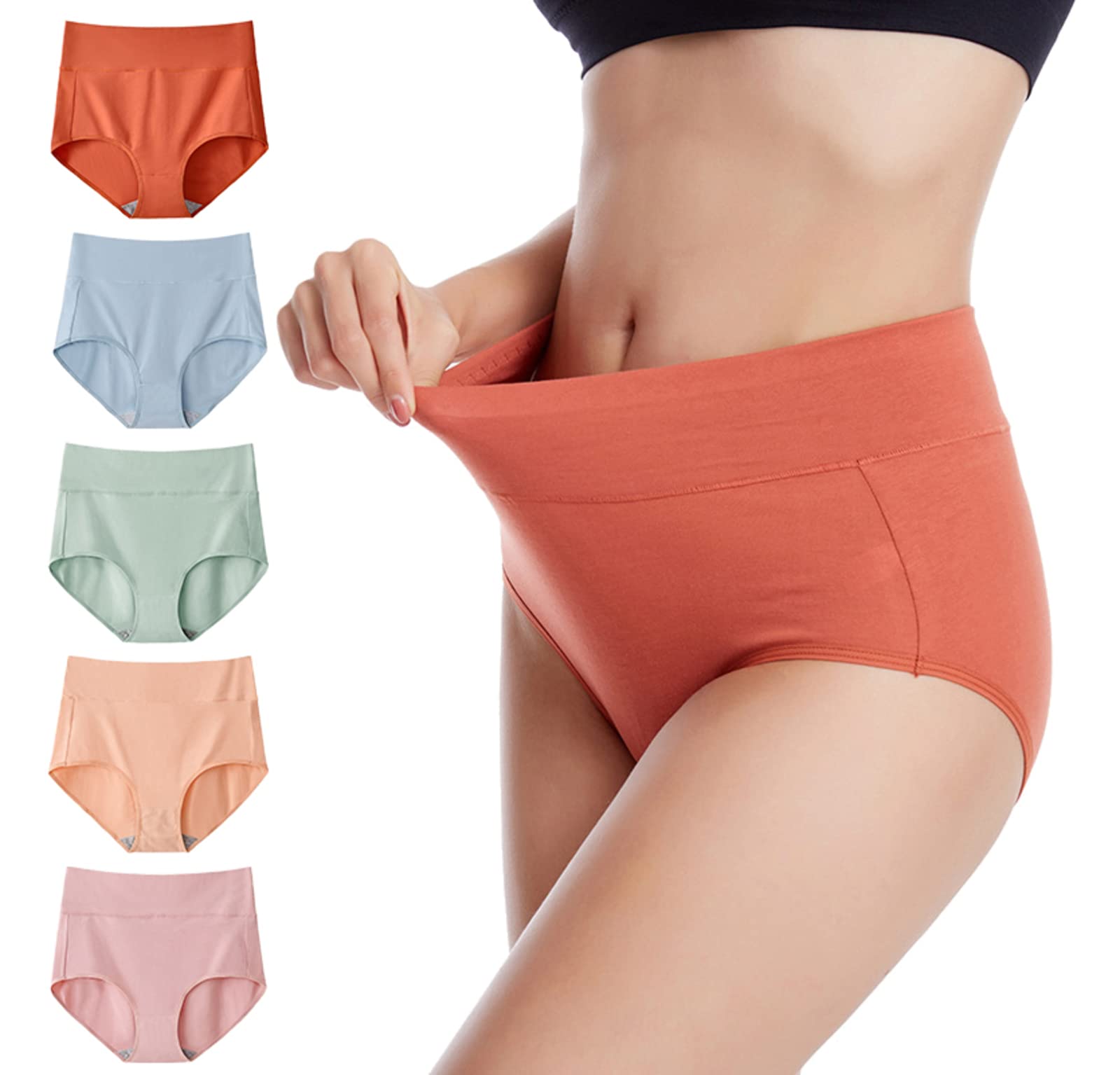 Women's High Waisted Cotton Underwear - Tummy Control Panties Stretch Full Coverage Briefs 5 Pack - Comfortable for Everyday Wear, Postpartum & Yoga