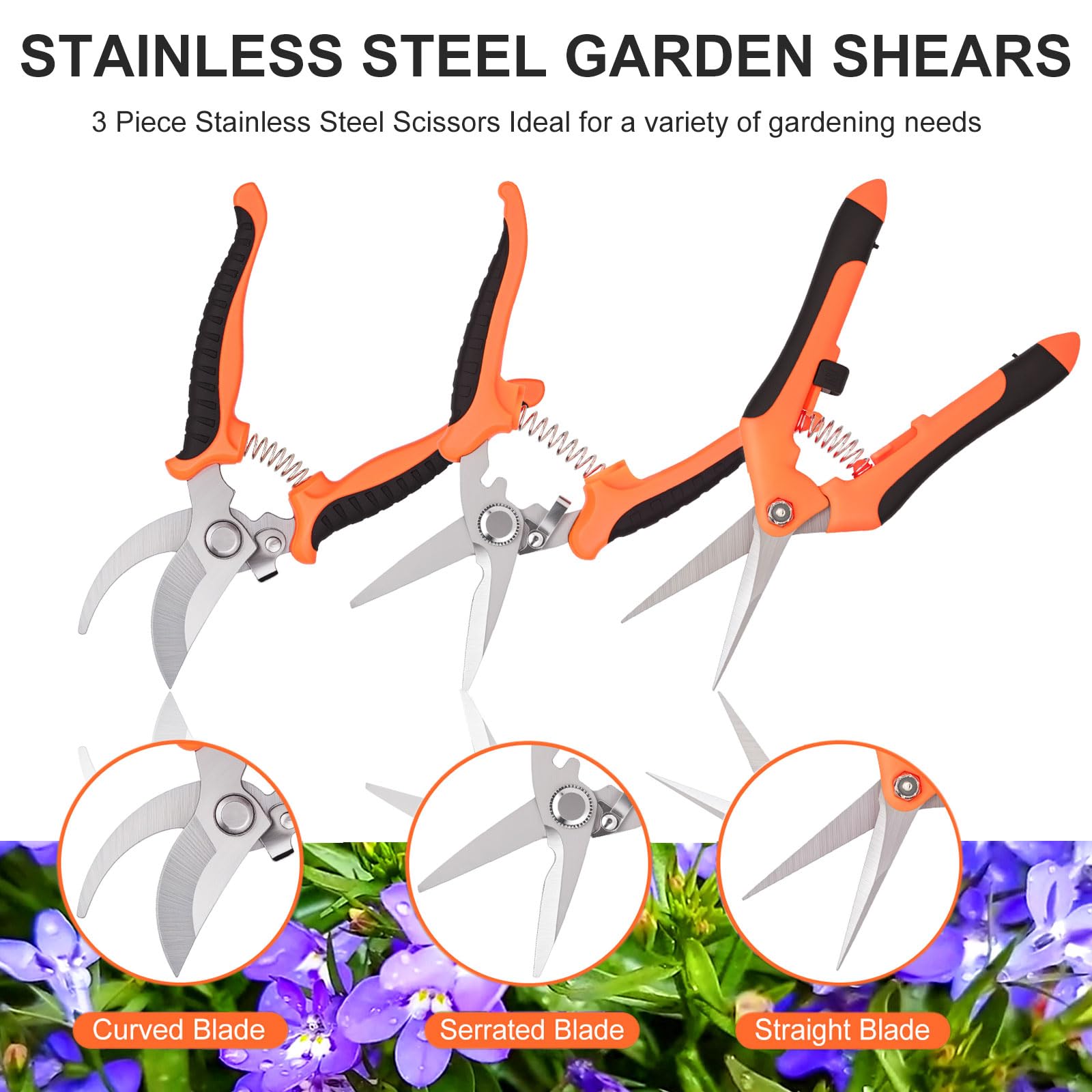 3-Piece Stainless Steel Gardening Shears Set - Pruning Scissors for Plants, Flowers, Fruit Trees | Durable Garden Tools for Trimming, Harvesting & Landscaping