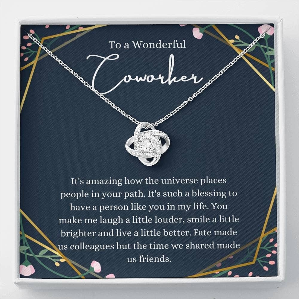 Personalized Love Knot Necklace - Handmade Jewelry Gift for Coworkers Farewell, Women's Going Away Present in White & Gold, Custom Sizes - Perfect for Office Goodbyes & Special Occasions