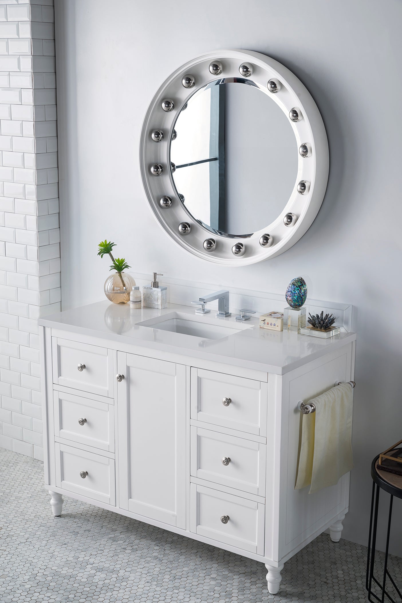 Copper Cove Encore 48 Inch Single Bathroom Vanity with White Zeus Quartz Top - Bright White Finish for Modern Bathrooms | Perfect for Master Bath, Guest Bath & Powder Room Remodeling