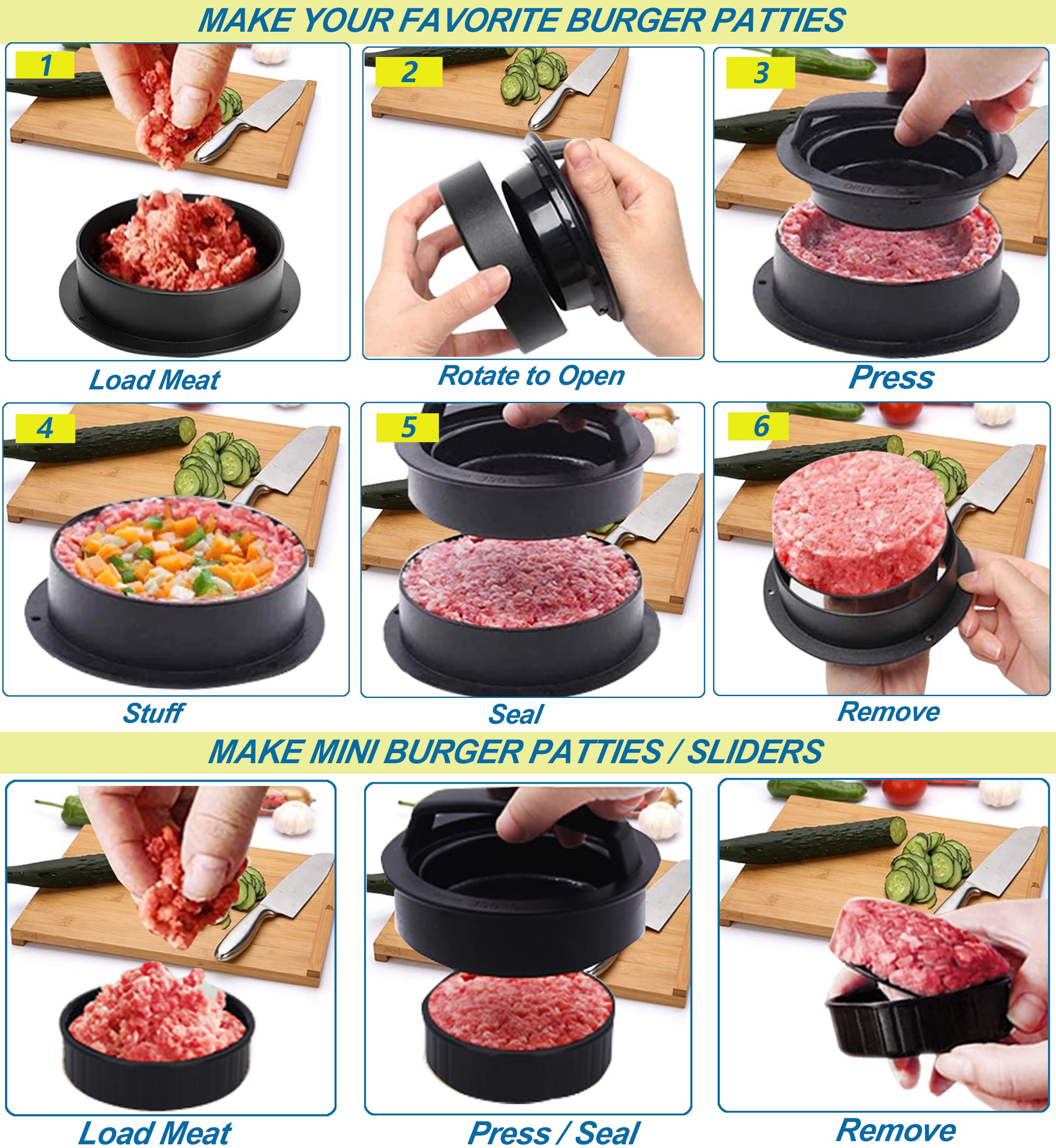 3-in-1 Non-Stick Hamburger Patty Press Maker with 50 Wax Papers - Perfect for BBQ, Backyard Grilling & Homemade Burgers - Create Juicy Patties for Sliders, Regular & Large Burgers
