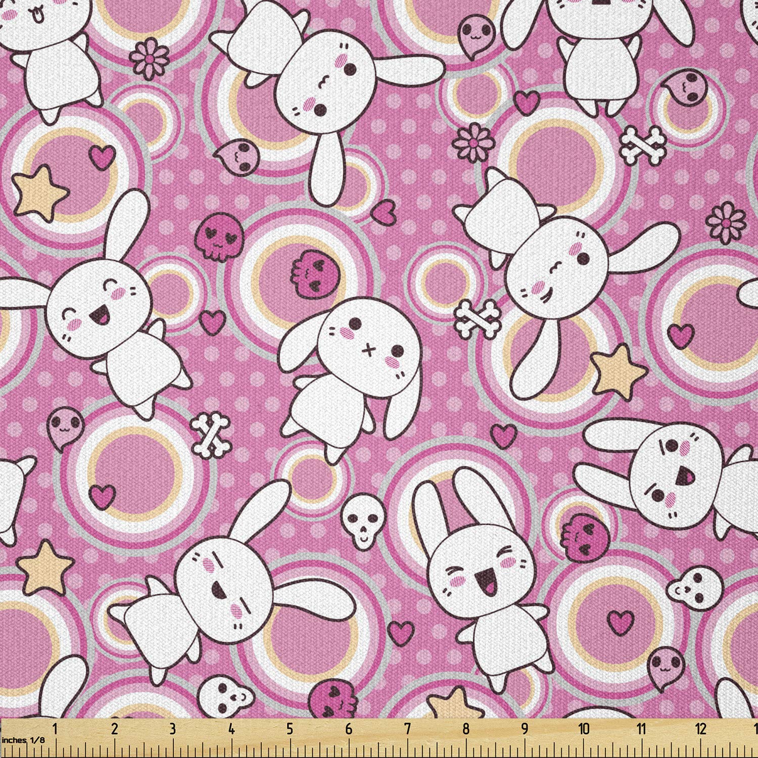 Ambesonne Anime Fabric by The Yard - Funny Kawaii Rabbit Illustration, Stretch Knit Fabric for Clothing, Sewing & DIY Crafts (10 Yards, White Pink) | Perfect for Kids Apparel, Costumes & Home Decor Projects