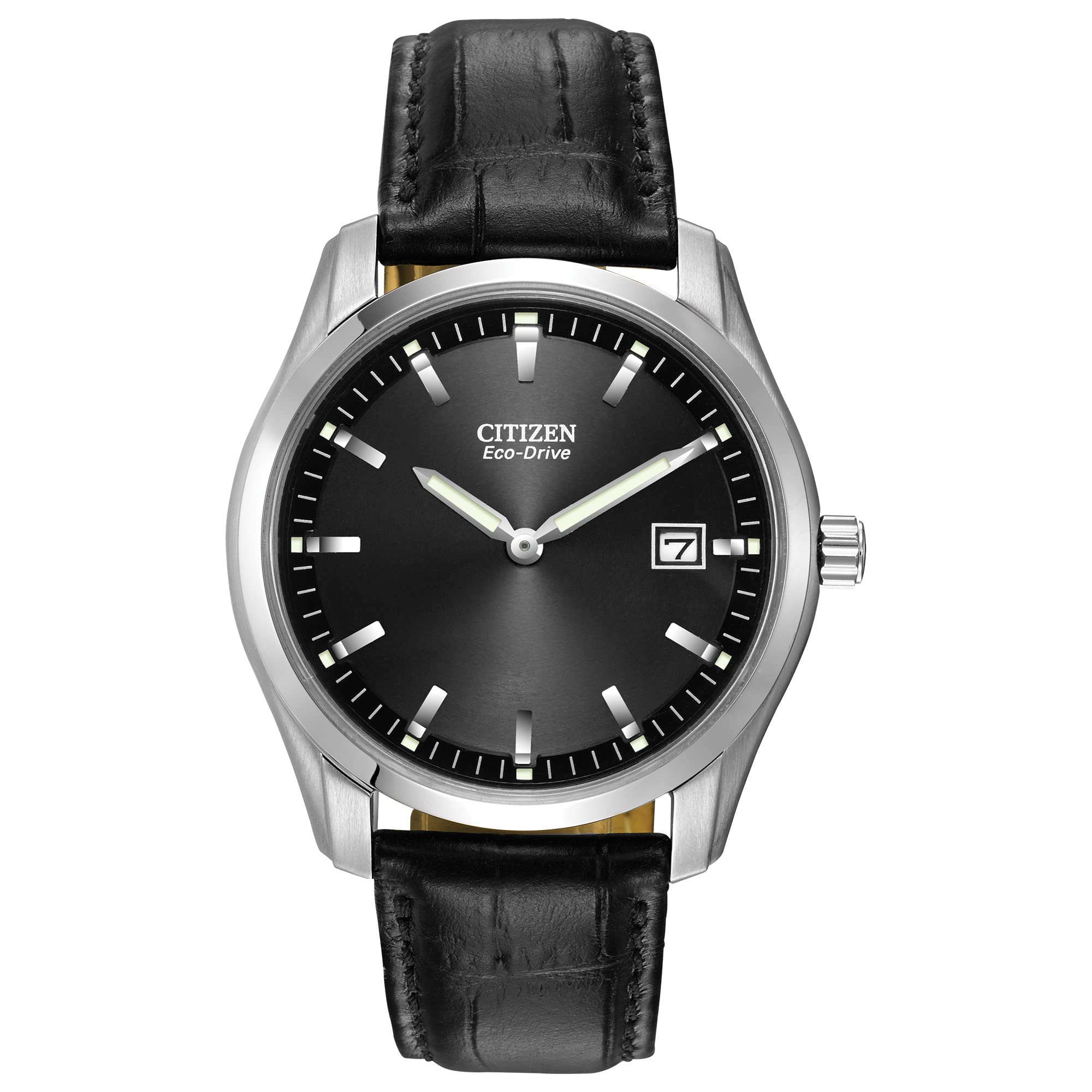 Citizen Men's Eco-Drive Stainless Steel & Leather Watch with Date Display, Luminous Hands, Black Dial - Perfect for Business, Casual & Formal Occasions