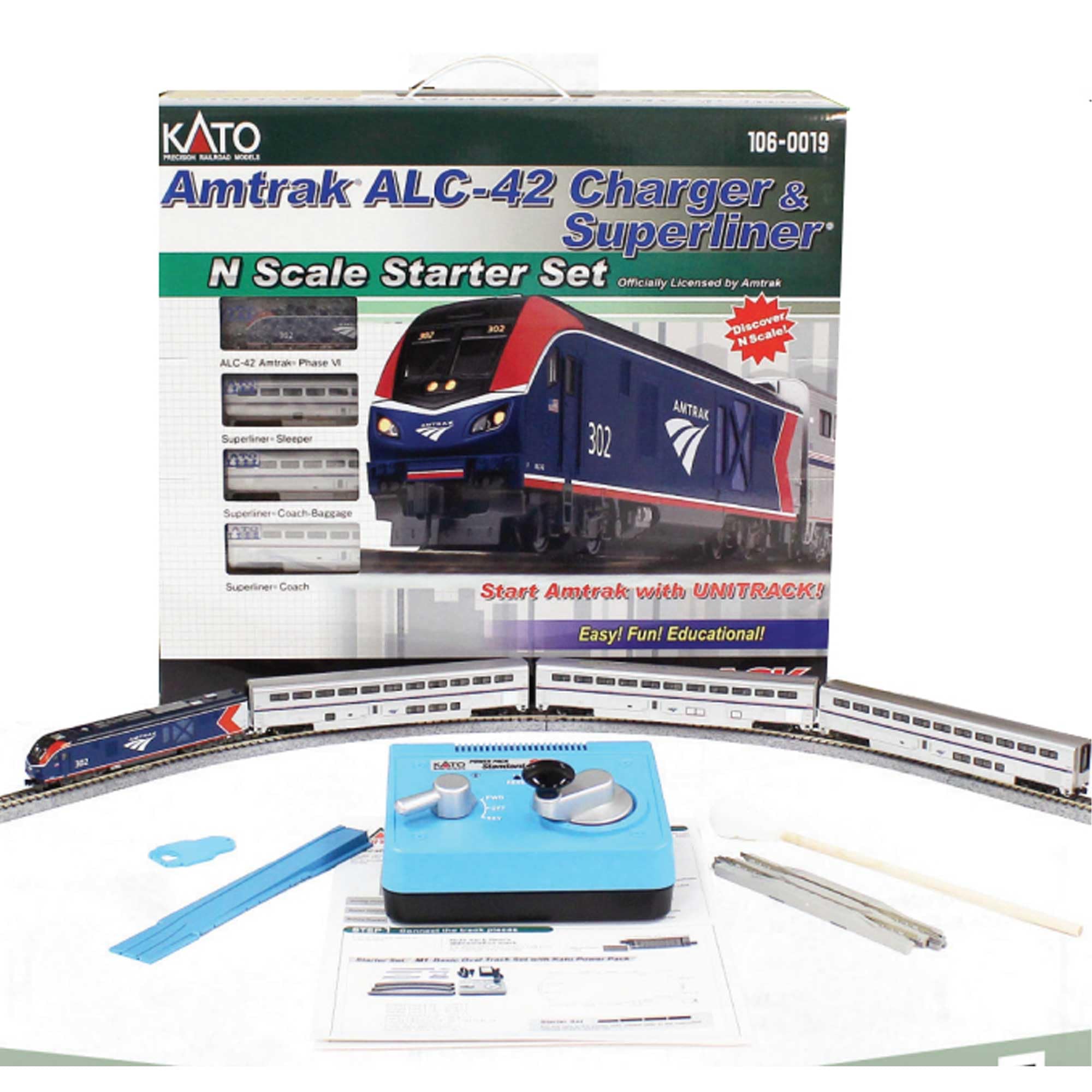 Kato USA Inc. N Scale ALC-42 Charger Superliner Amtrak Electric Train Starter Set - Perfect for Model Railroad Enthusiasts & Collectors